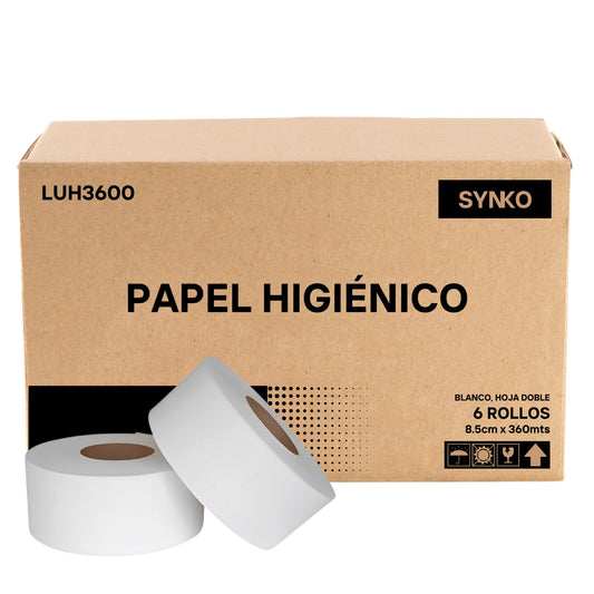 Papel Higiénico en Bobina Greymoon Synko Blanco Super Absorbente Doble Hoja Ecológico 6 Rollos de 360 Mts Alta Resistencia