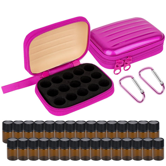 Biiange - 2 fundas para botellas de aceite esencial, caja de almacenamiento de aceite esencial, con 30 botellas de aceite esencial, Rosa Rojo, 2 fundas para botellas + botella de aceite esencial de 2
