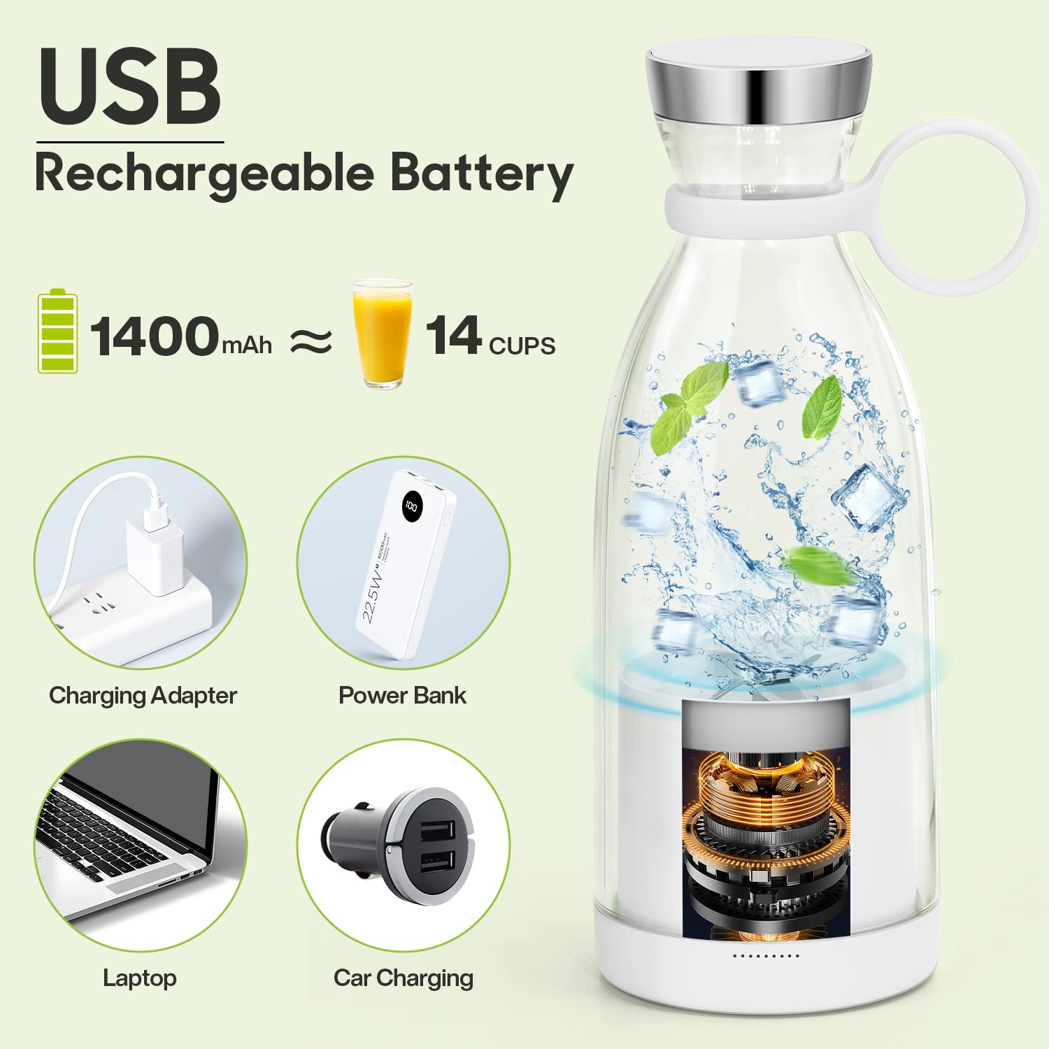 Batidora Portátil MIAOKE Blanca USB Magnética Carga Rápida para Batidos y Licuados