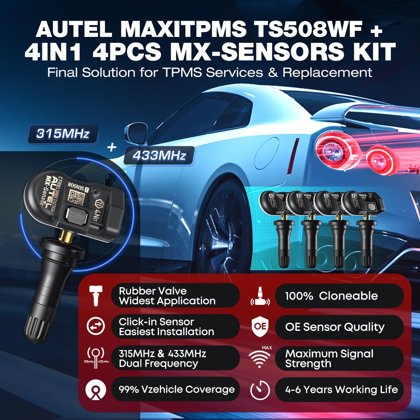 Autel MaxiTPMS TS508WF KIT, 2025 TPMS Herramienta de reinicio de programación con 4 sensores Autel MX ($120), WiFi Ver. TS601 TS508 TS501 PRO, Relearn/Activate All TPMS Sensor, TPMS Restablecer,