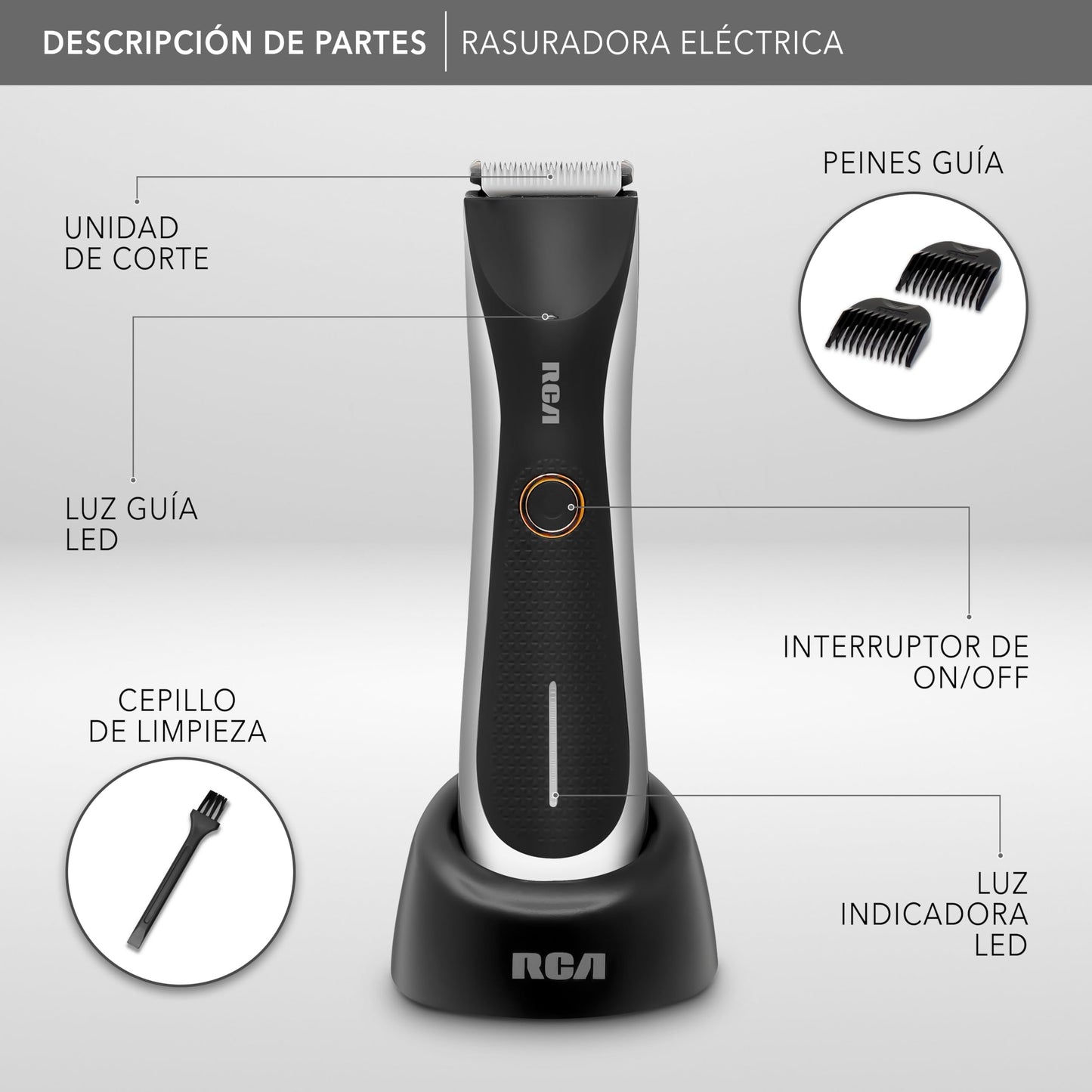 RCA Rasuradora Eléctrica RC-TR1 con Cuchillas de Cerámica, Afeitado Suave y Preciso para Barba, Cabello y Cuerpo, Resistente al Agua, Luz LED, 2 Velocidades, Peines 2–7 mm, Carga USB
