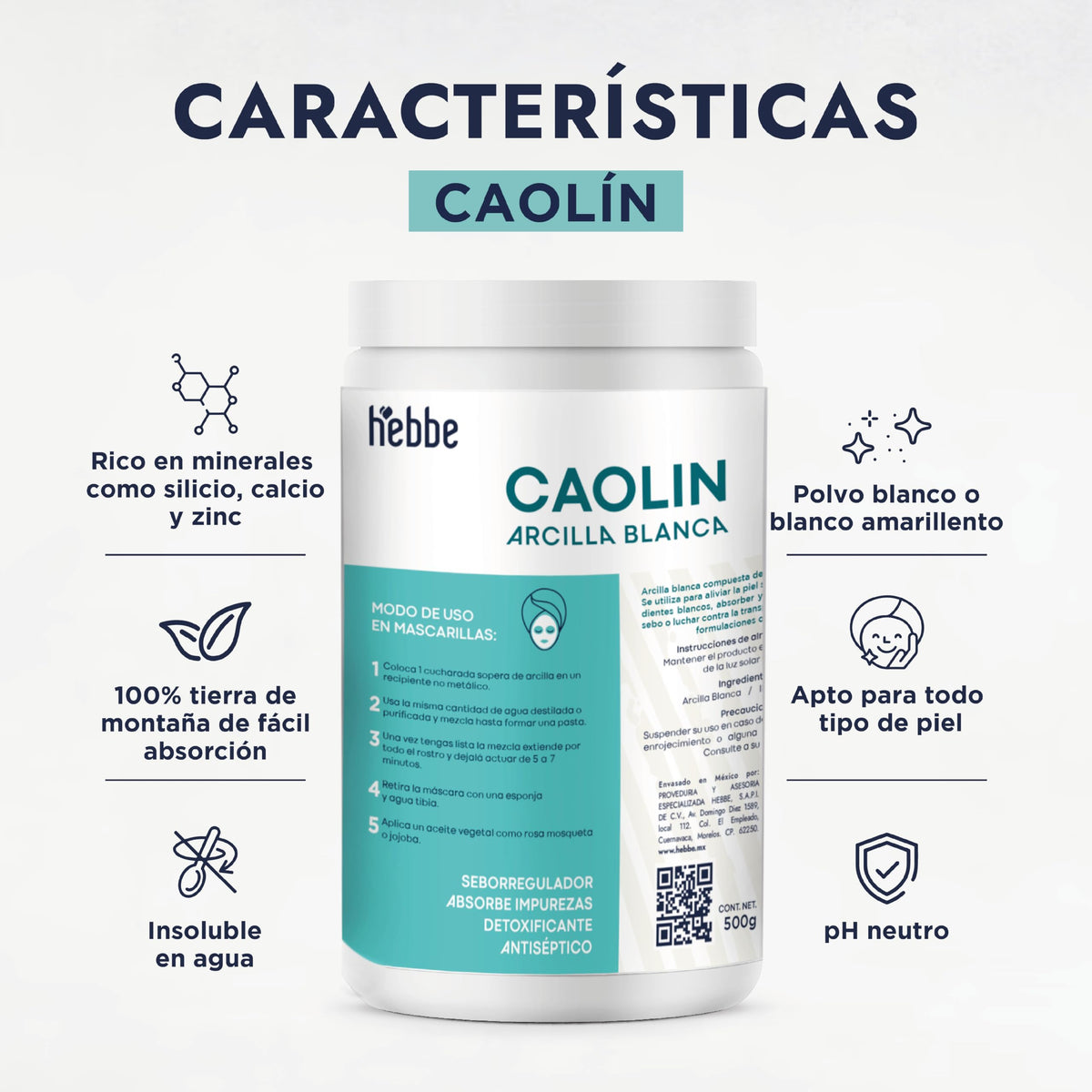 HEBBE | Arcilla Blanca Caolín 500 g | Mascarillas Faciales Y Corporales | Purifica Y Suaviza La Piel | Controla Exceso De Grasa |Efecto Detox