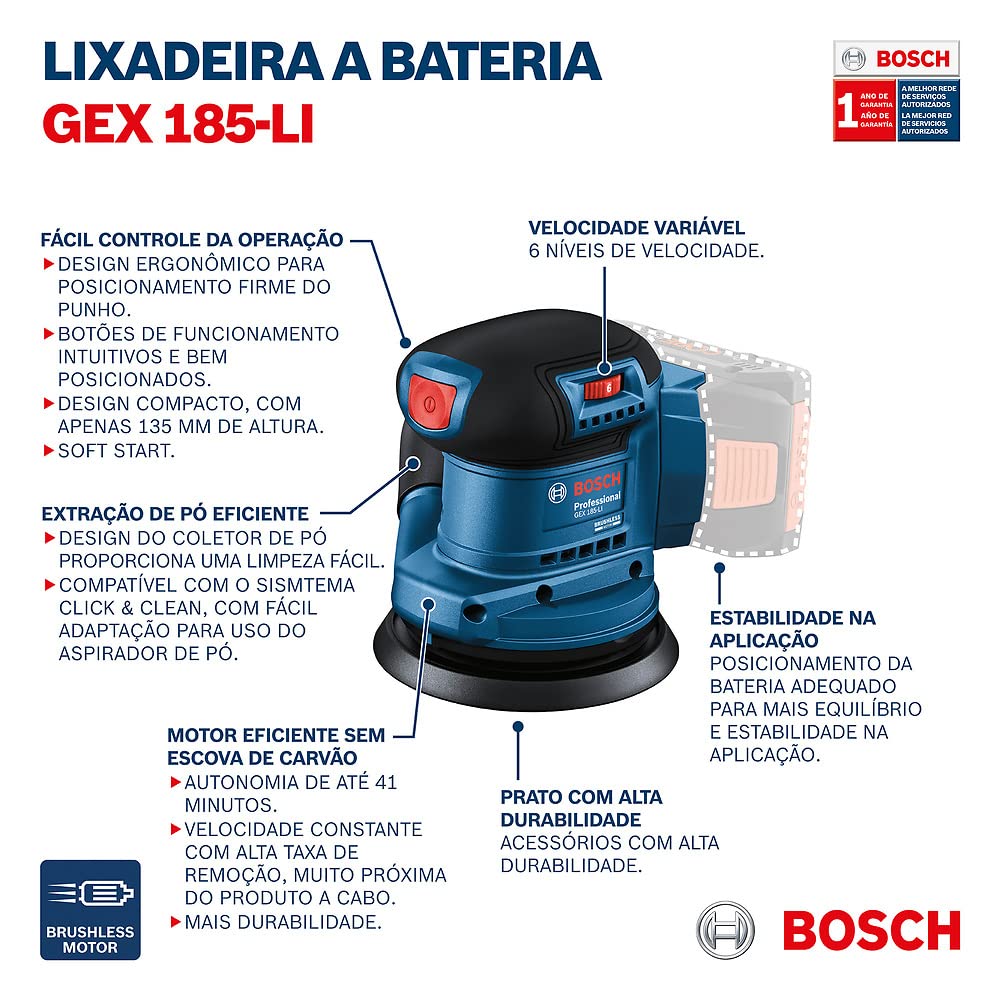 Bosch | Lijadora roto orbital inalámbrica | GEX 185-LI, 18V SB Brushless