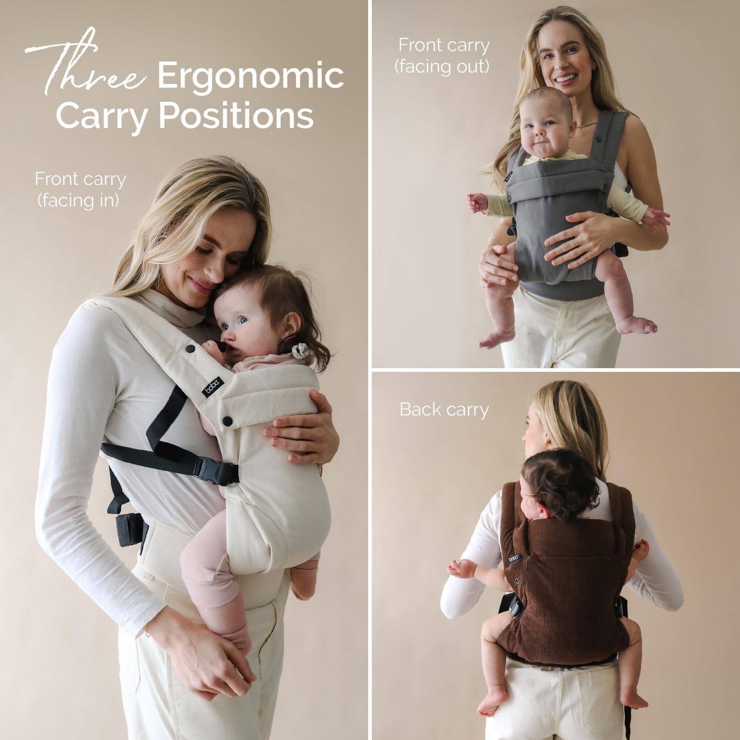 Boba Auri - Portabebés para recién nacidos y niños pequeños, 100% algodón, 3 posiciones ergonómicas (delantera/delantera/trasera), portabebés con posición M con asiento ajustable (7-45 libras), color