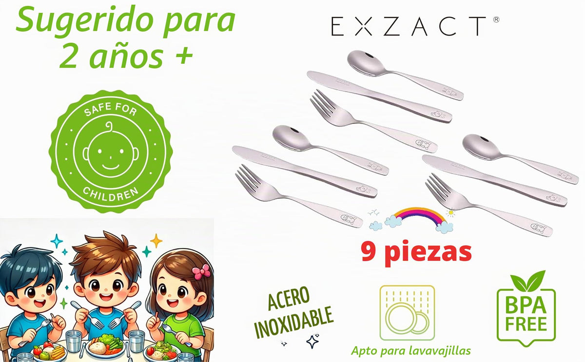 Exzact Children's Flatware 9 Pieces Set - Stainless Steel Cutlery/Silverware 3 x Safe Forks, 3 x Table Knife, 3 x Tablespoons - Safe Kids Toddler Utensils Lunch Box (Engraved Dog Cat Bunny) (WF850-S9)