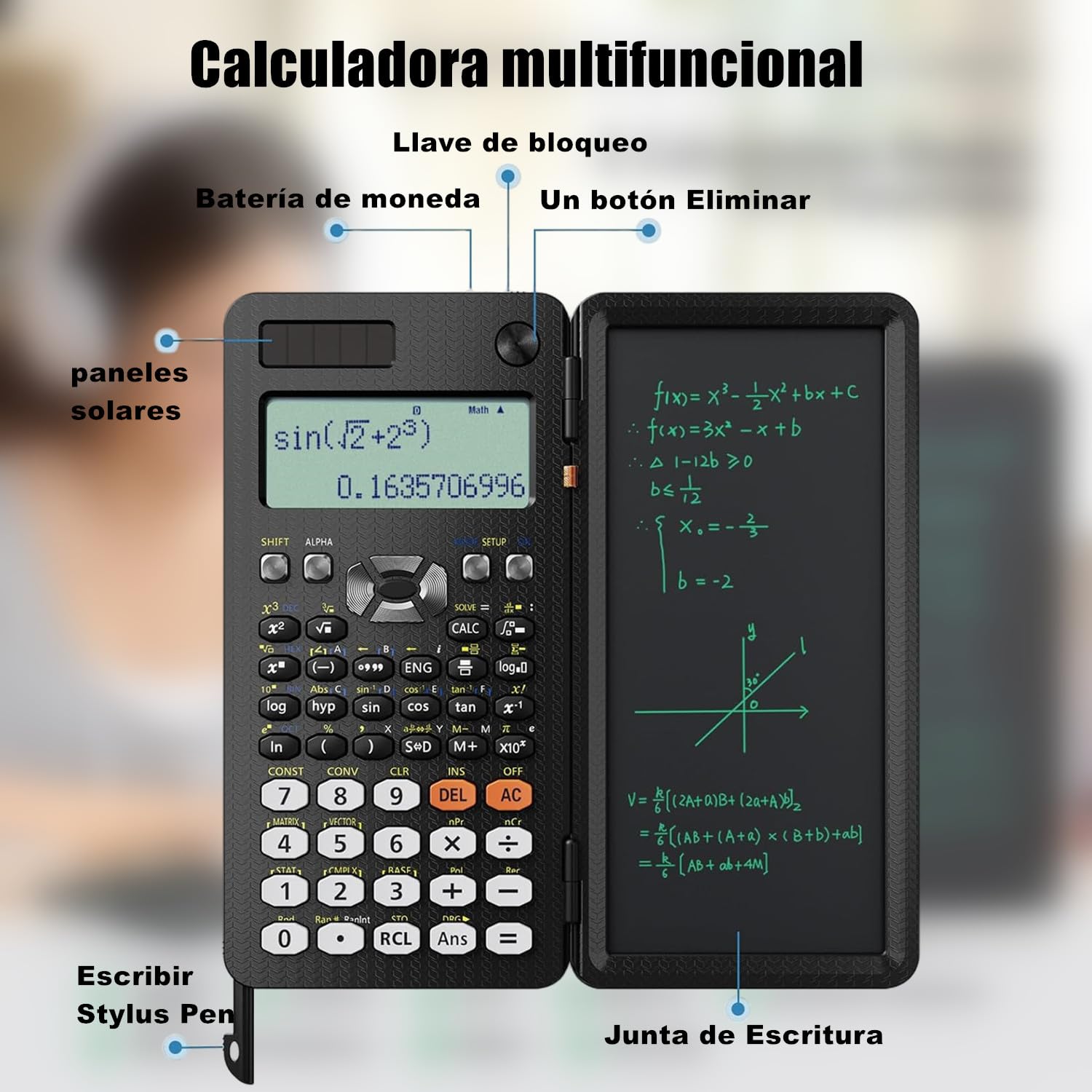 iDock calculadora científica,Calculadora Multifunción 2 en 1,Pantalla multivista con Tableta de Escritura LCD borrable