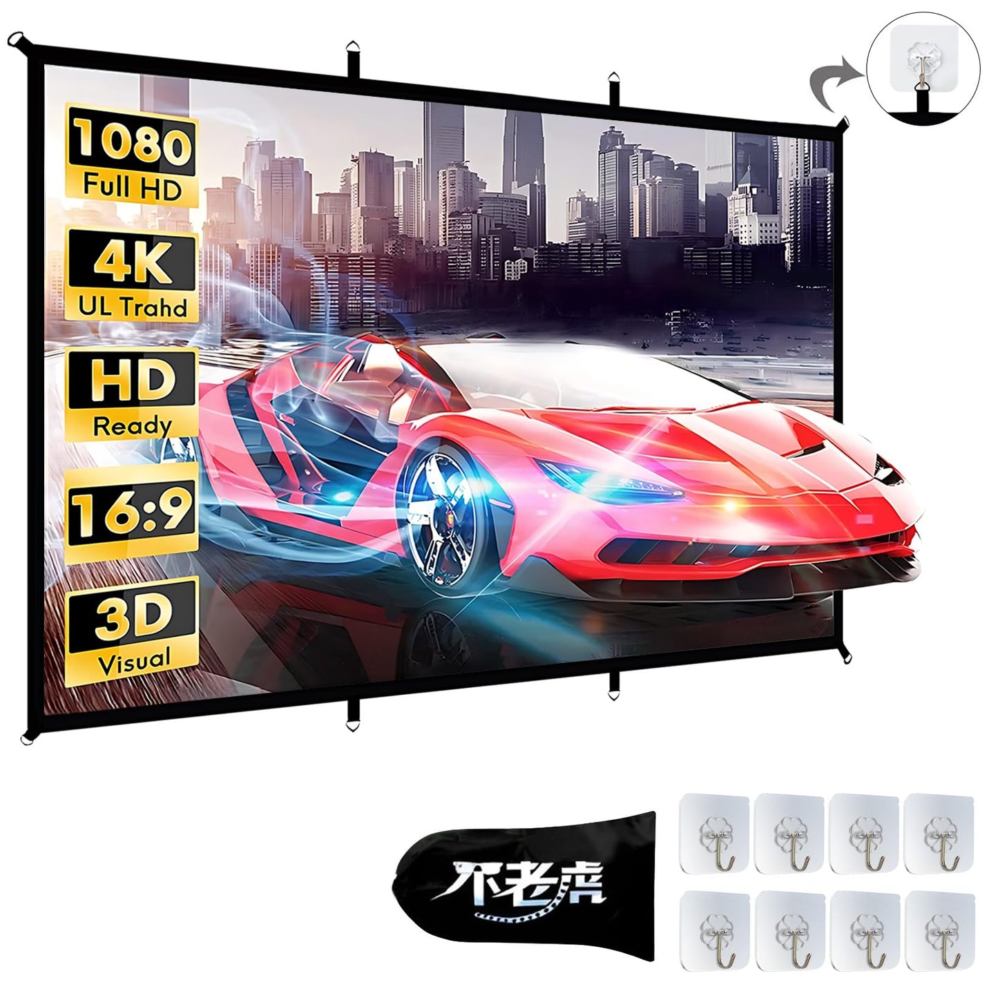 OPKOJIHY Pantalla para Proyector de 100 Pulgadas,16:9 Pantalla De Proyección HD Resistente a Las Arrugas,Visualización de Proyección Portátil con 8 Ganchos,Pantalla de película,para Camping,Oficina