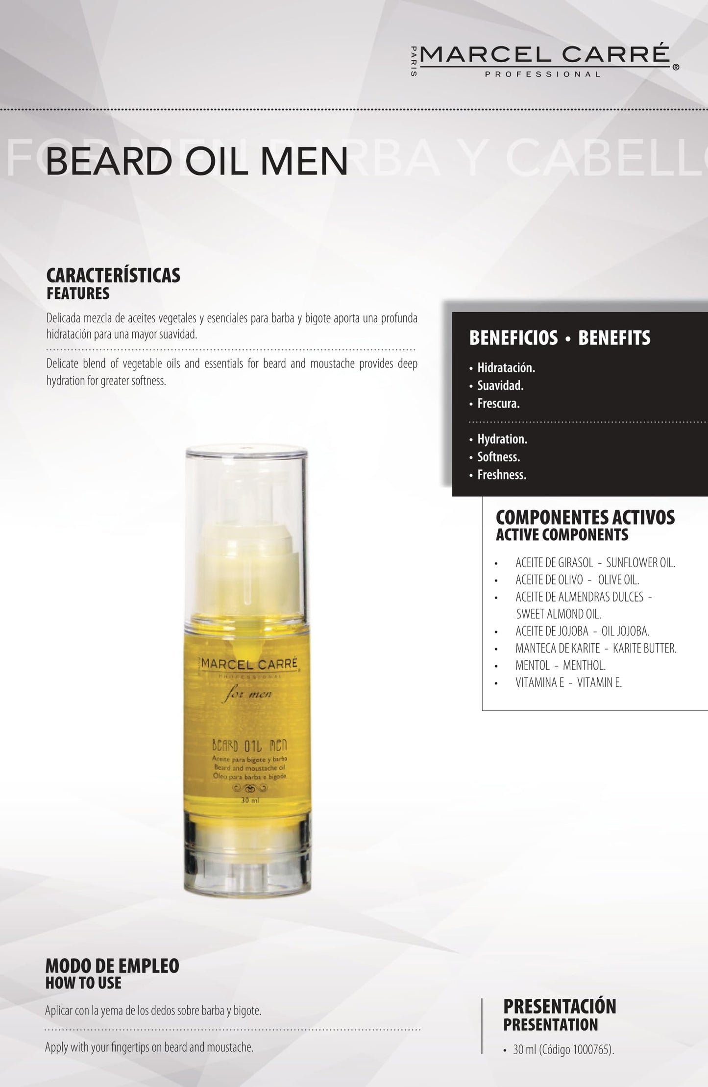 Marcel Carré Beard Oil Men Aceite para Barba y Bigote, 30 ml