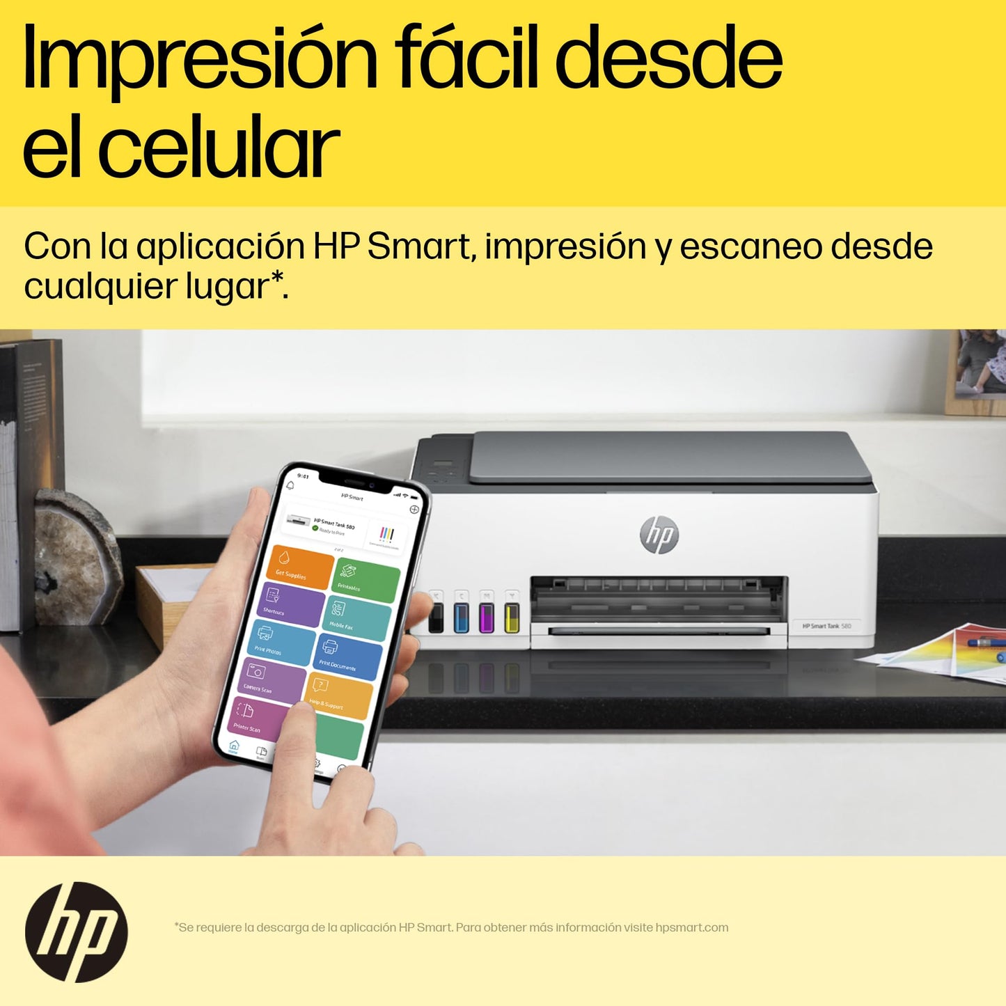HP Impresora Multifuncional Smart Tank 580, Tinta Continua, Color, Wi-Fi, Dúplex (Doble Cara) Manual, Impresión Desde Smart App, 2 años de Garantía (1F3Y2A)