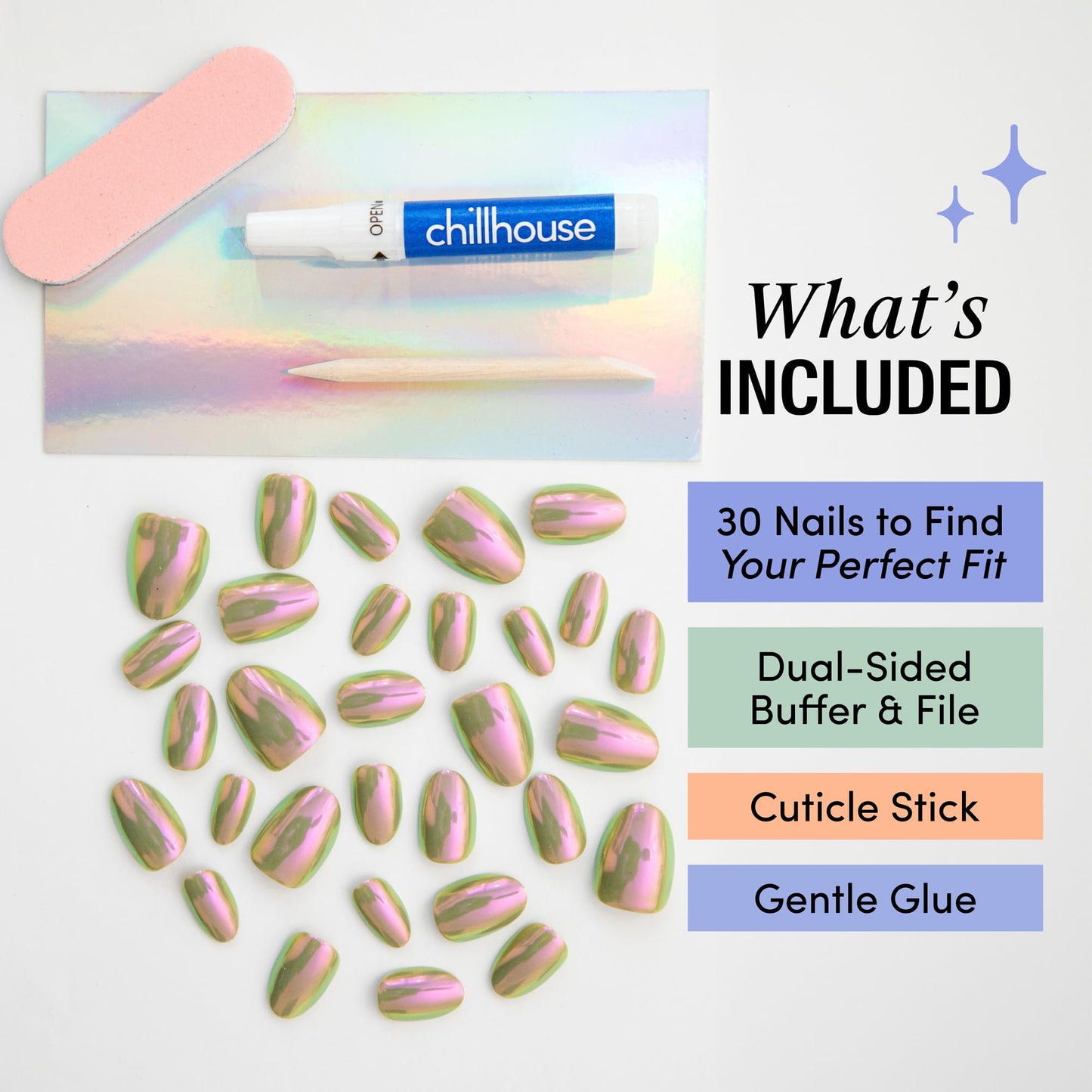 Chillhouse Kit De Uñas Chill Tips Press On -(Ovaladas)- 24 Formas Y Tamaños De Uñas - Hasta 3 Semanas De Uso - Ajuste Personalizable - Reutilizable - Fundado Por Latinas Y Propiedad De Mujer