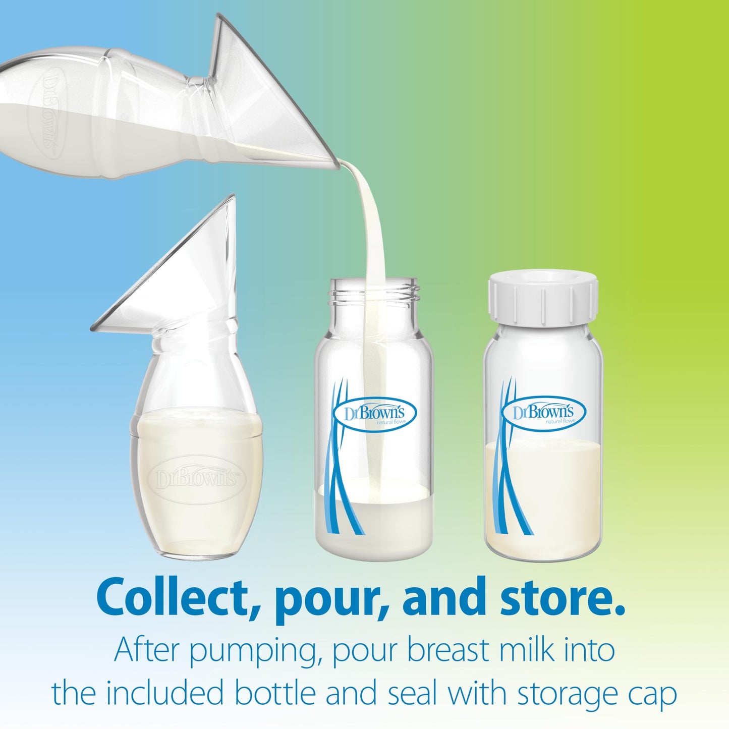 Dr. Brown's - Extractor de leche materna 100% silicona de una pieza, colector manos libres de leche materna con opciones anticólicos + biberón (4 onzas/120 ml), pezón nivel 1, tapa de viaje y bolsa de