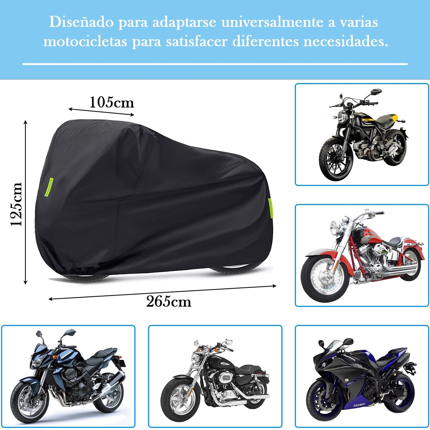 Funda para Moto Cubierta de Motocicleta de Protección Exterior Impermeable Duradera para Motocicletas como Honda, Yamaha, Suzuki, Harley y más (XXXL Negro)