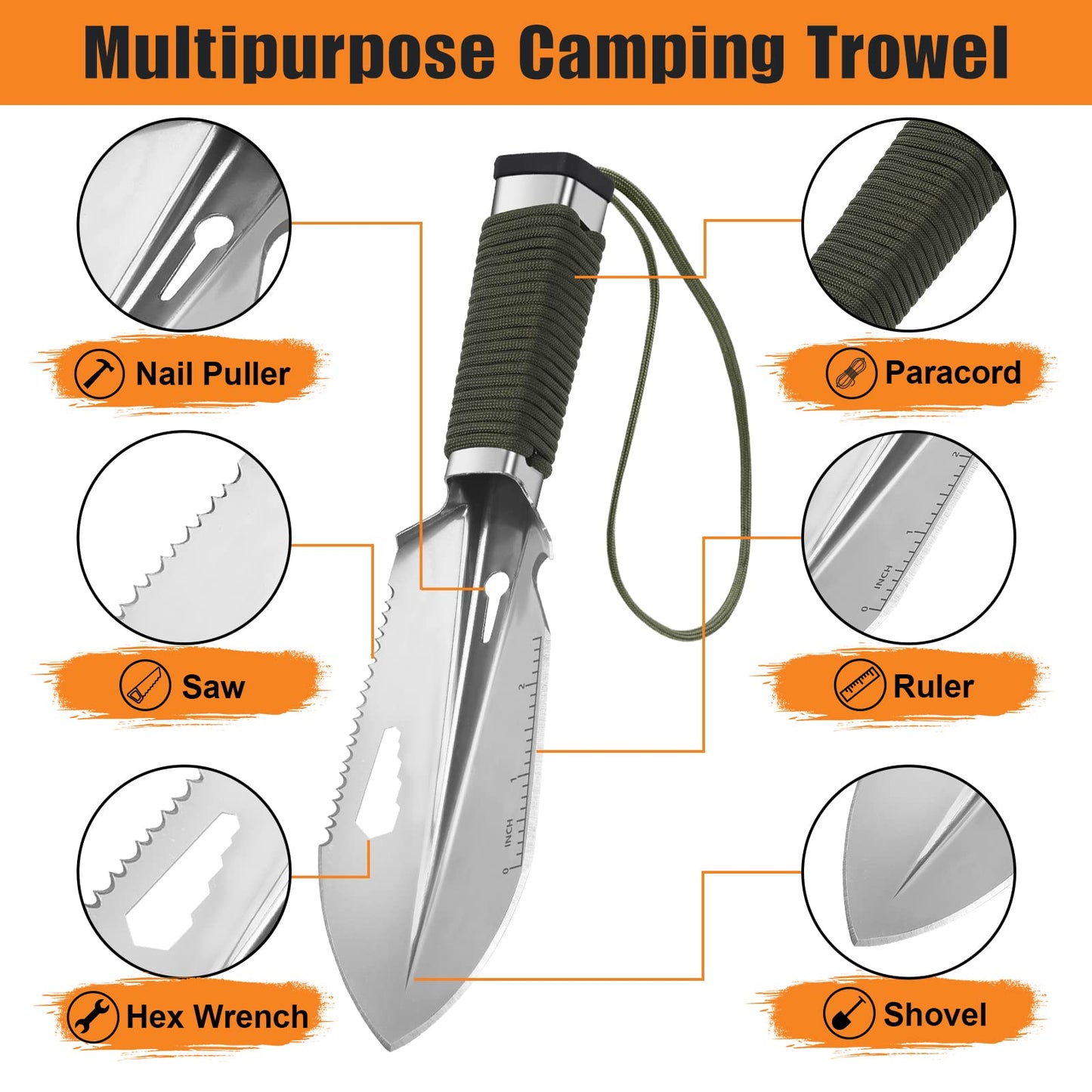 FLYEGO - Paleta de mochilero, ligera, accesorios para camping, senderismo, pala, pala de mano, ultraligera, con bolsa de transporte para detectar metales, excavar, jardinería, exterior (plata) 9 en 1