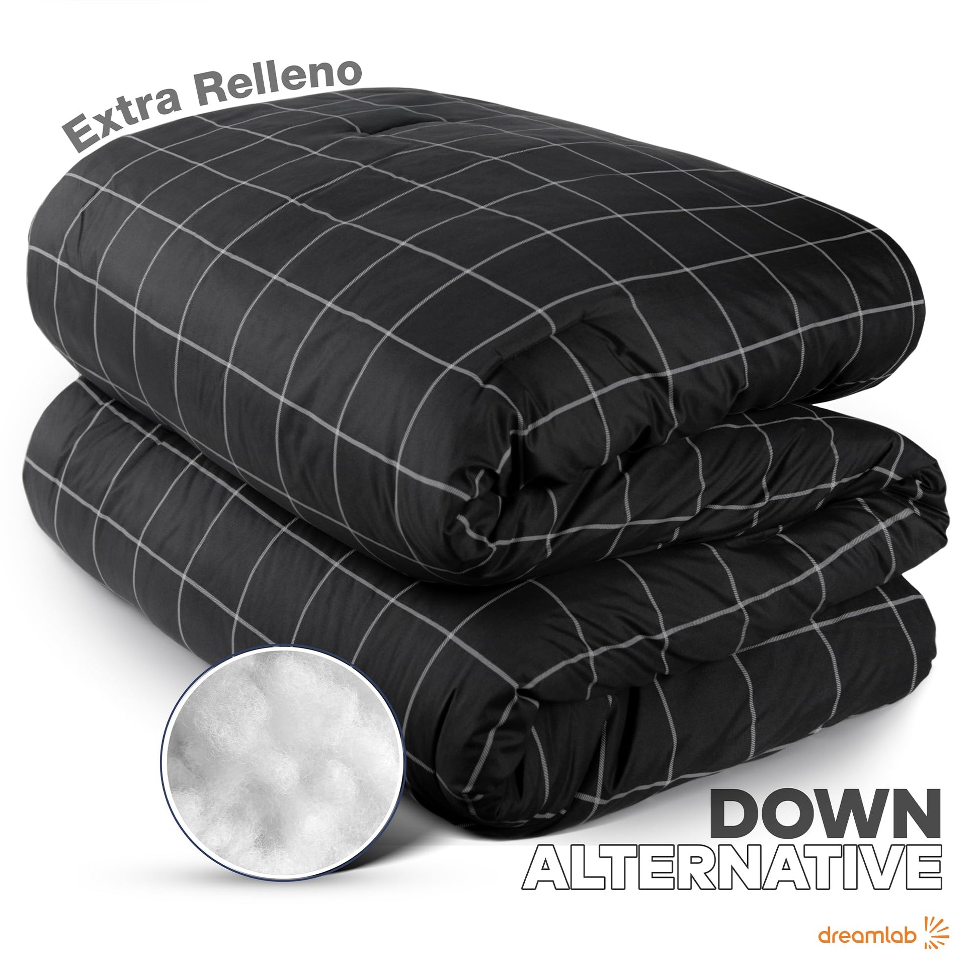 Dreamlab Edredón Acolchado para Toda Estación. Relleno de Microfibras Recubiertas con Gel. Lavado a Máquina. Usar como Edredón o con Duvet.Hipoalergénico.(Cuadros Grafito/Blanco,King Size 259x223cm)