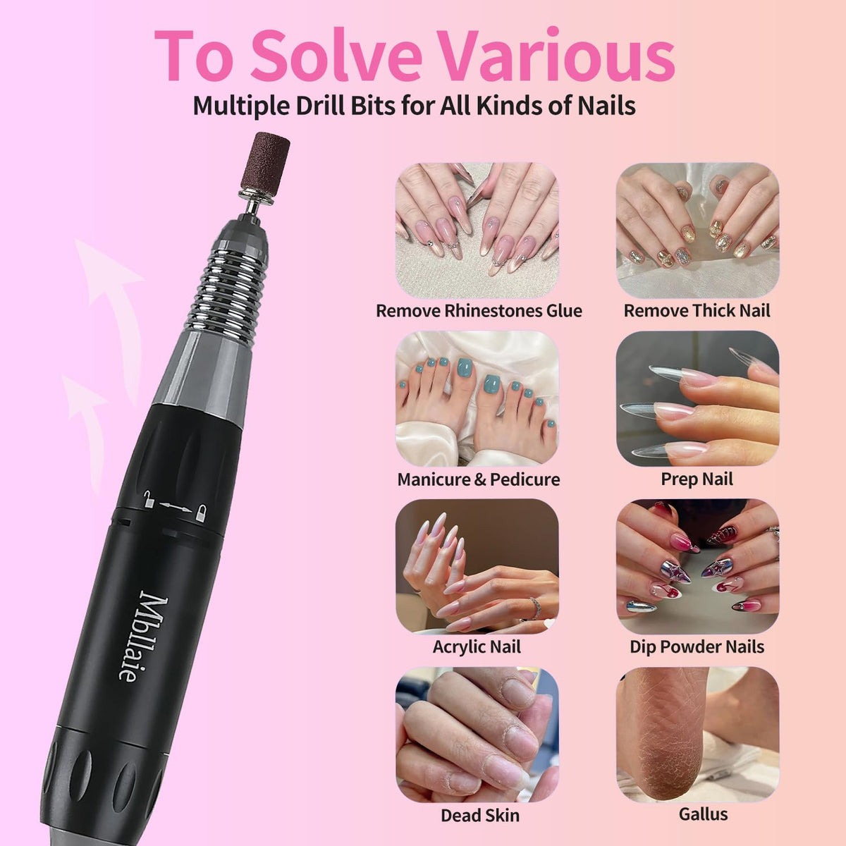 Taladro de Uñas Eléctrico Profesional Mbllaie 45000 RPM Inalámbrico Recargable