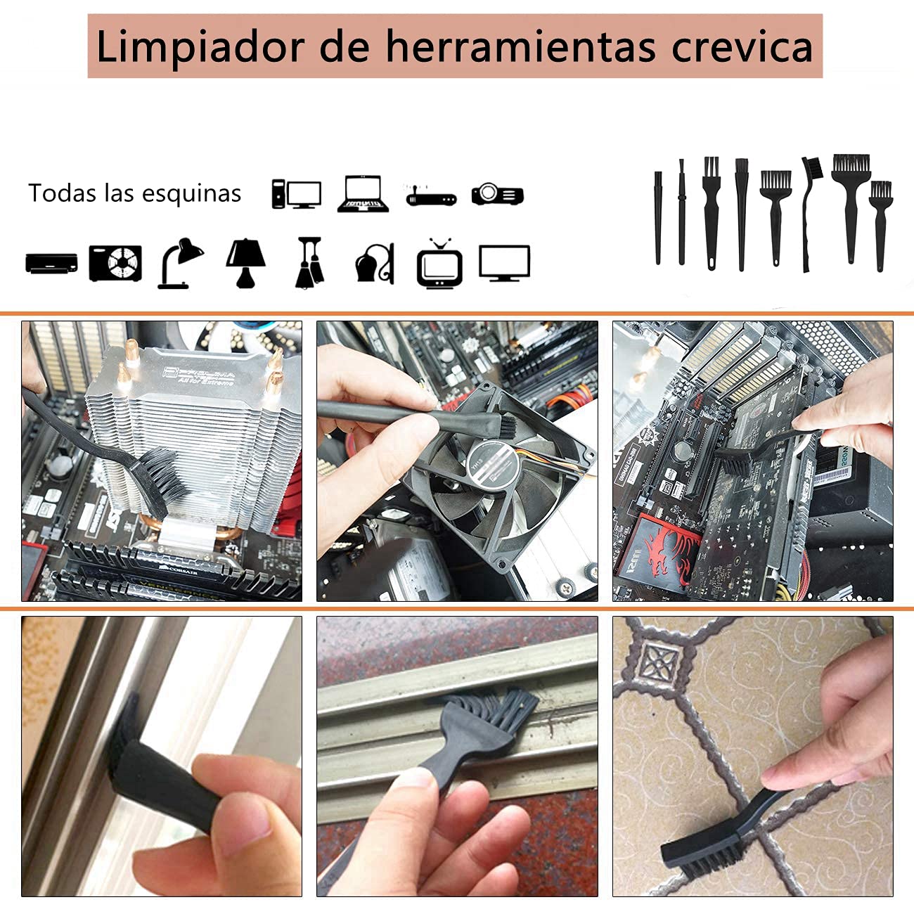 ASHATA 8 Piezas Juego de Herramientas de Cepillos de Limpieza Antiestático,Kit de Reparación del Cepillo para Teléfono, Computadora, Teclados, Máquinas de Afeitar,etc