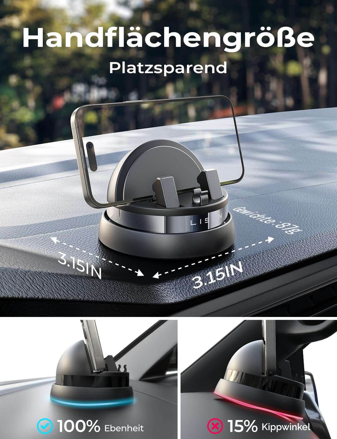LISEN Soporte Celular Auto Giratorio de 360° Soporte para Celular Automovil，Phone Holder Car Base para Celular Automovil，Soporte Compatible con iPhone 15 14 13 12 11 Pro MAX, Galaxy S23 S22 Ultra