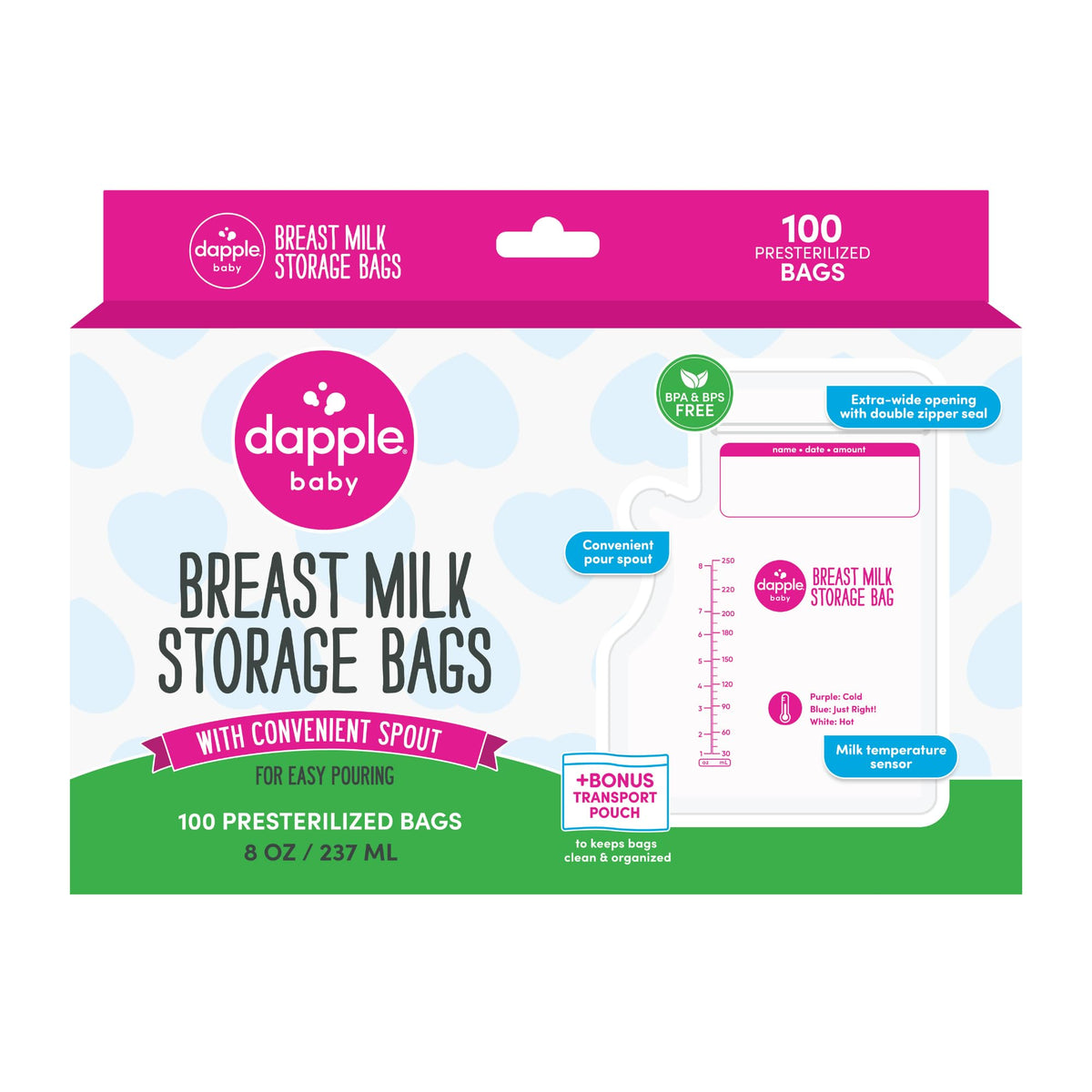 Dapple Baby - Bolsas de almacenamiento de leche materna con boquilla de