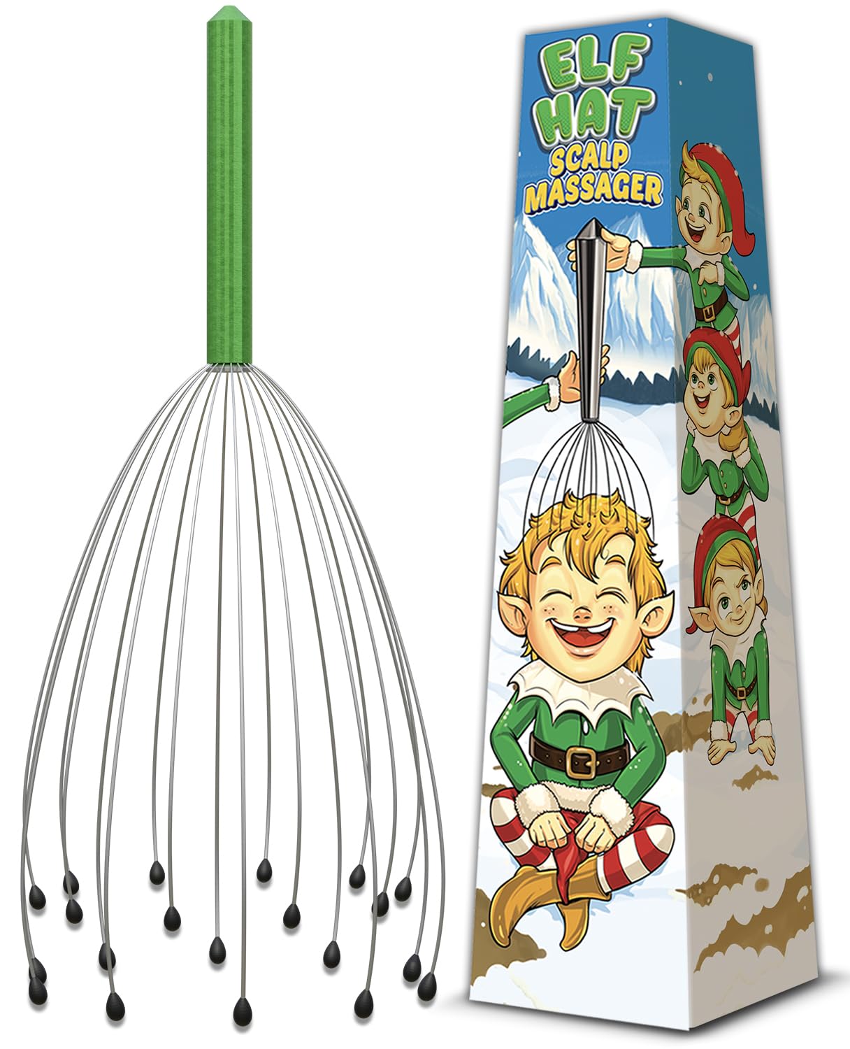 Masajeador de piel cabelludo en caja de regalo de Navidad, relleno de calcetines para hombre para adultos. Ideas de regalo de elefante blanco de Papá Noel. Elf Hat Theme - Masajeador de cabeza de 20 puntas para mujer y adolescente