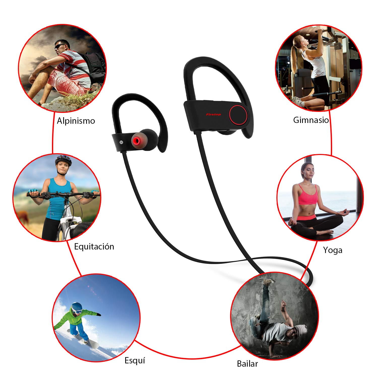 Firstop Auriculares Bluetooth, Audífonos Inalámbricos Impermeables IPX7, Auriculares con Reducción de Ruido y Ajuste Seguro para Deportes y Gimnasia, con Micrófono Incorporado