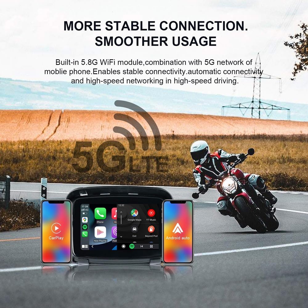 Sunweyer CarPlay portátil inalámbrico Android Auto para motocicleta, pantalla táctil impermeable IPX7 de 12.7 cm (5 pulgadas), navegación GPS automática, Bluetooth dual 5G, compatible con Siri/Google