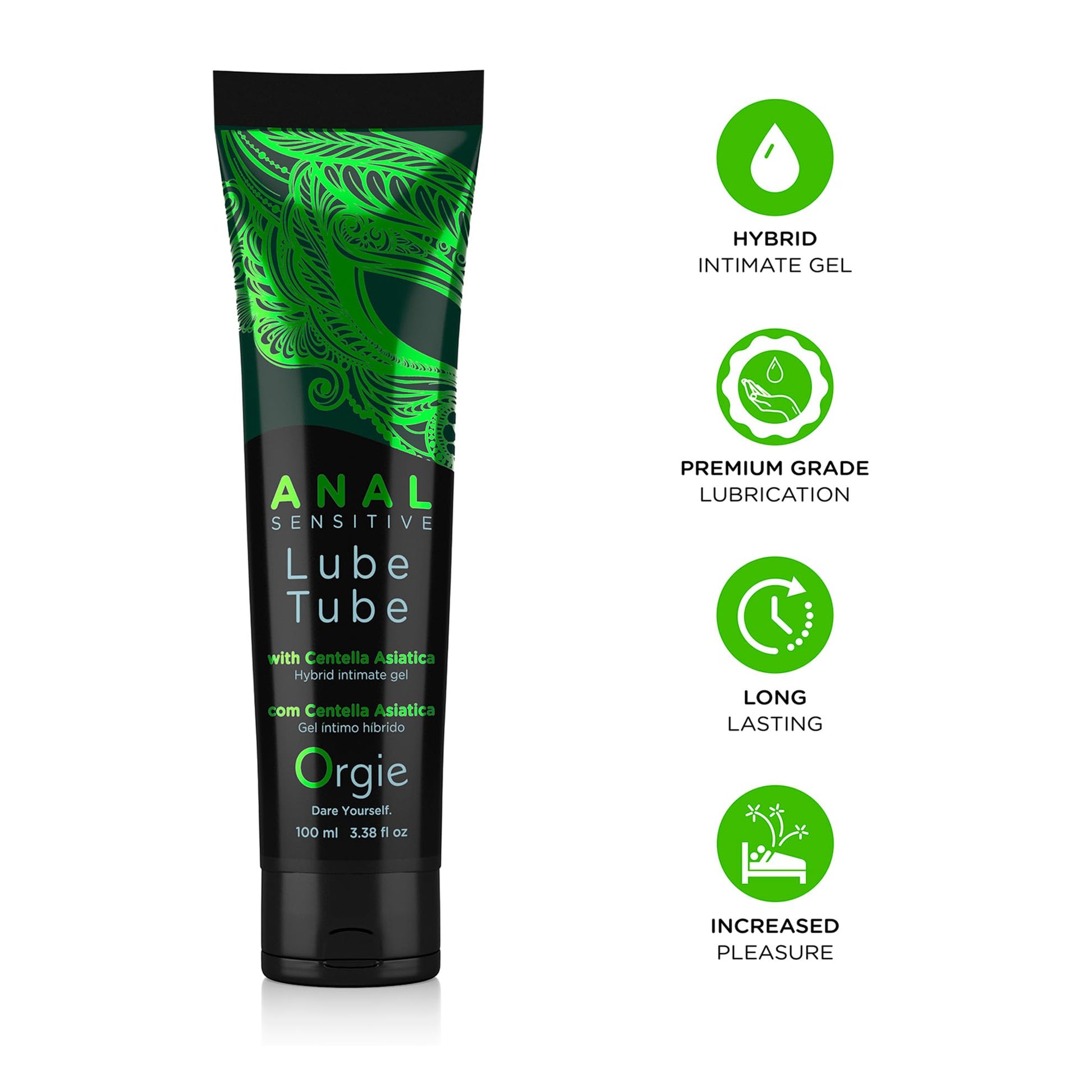 Lube Tube Anal Sensitive. Lubricante anal híbrido con base de agua y siliconas con activos cicatrizantes e hidratantes. Con ácido hialurónico 100 mL. Importado.