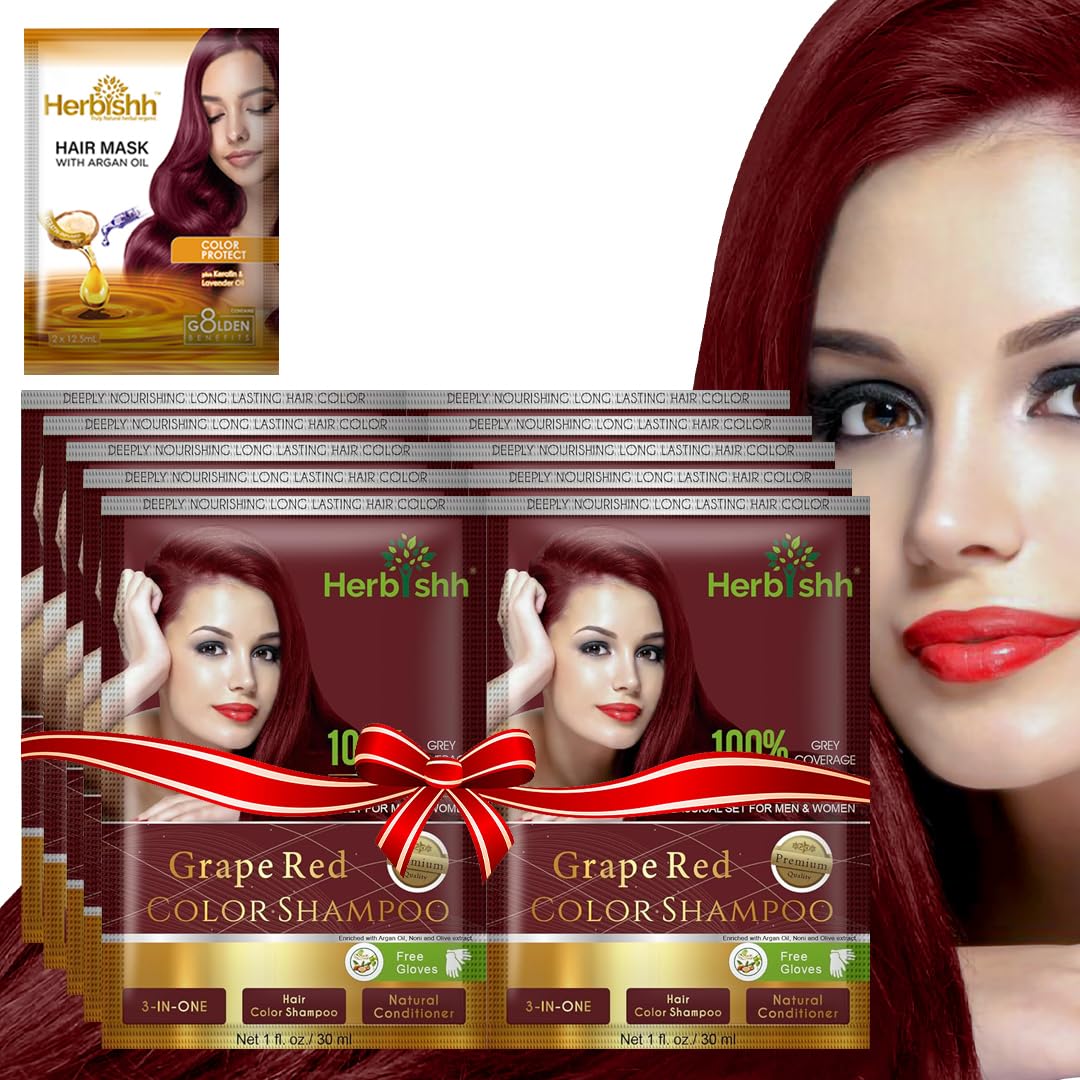 Herbishh Hair Color Shampoo for Gray Hair– Hair Dye Shampoo with Argan Hair Mask–Tamaño de viaje-Tiñe el cabello en minutos–Color de larga duración–10pack+1pack (Grape Red)