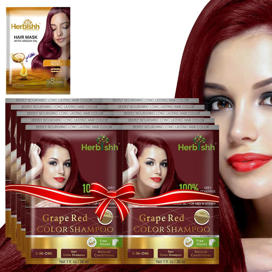 Herbishh Hair Color Shampoo for Gray Hair– Hair Dye Shampoo with Argan Hair Mask–Tamaño de viaje-Tiñe el cabello en minutos–Color de larga duración–10pack+1pack (Grape Red)