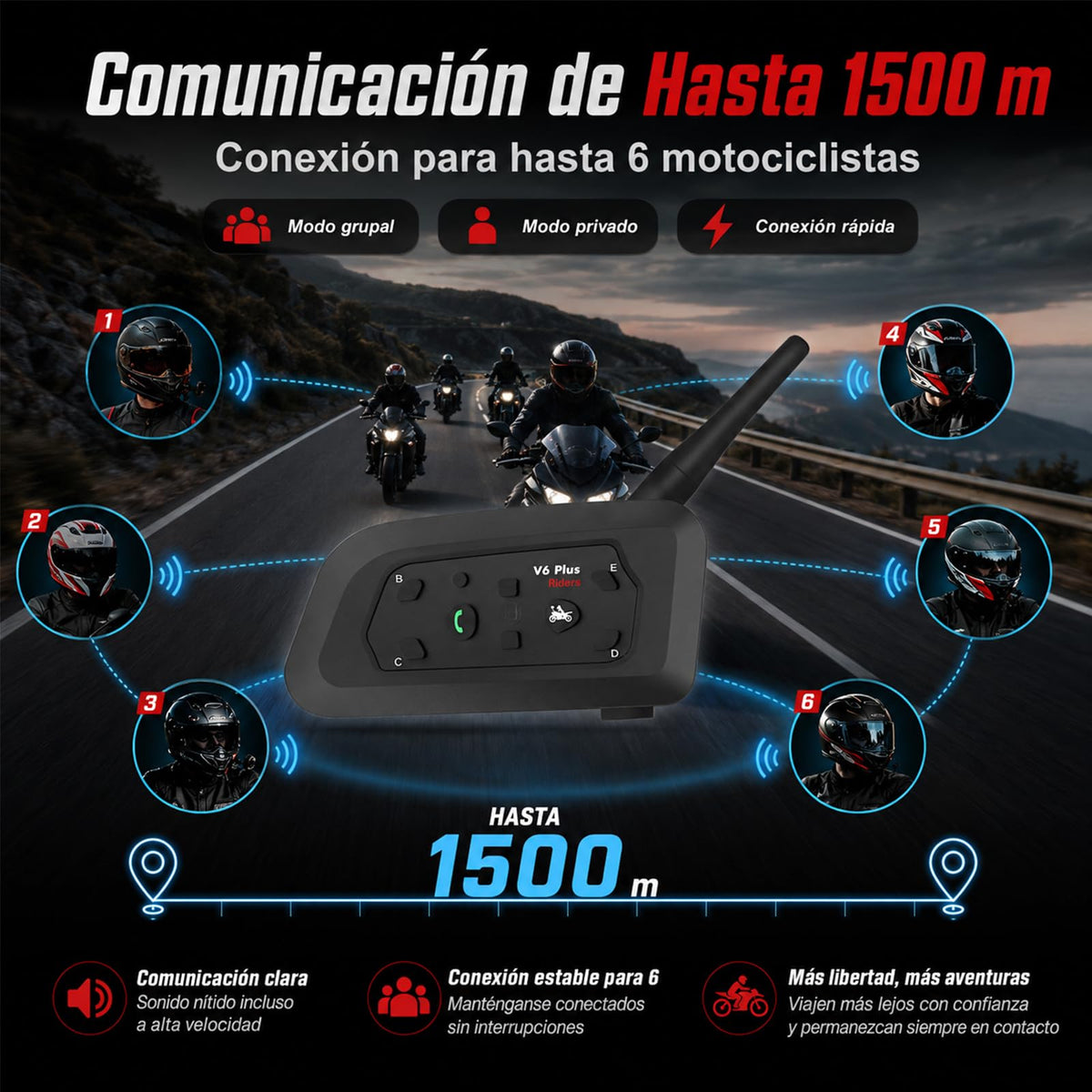 Auriculares Bluetooth para Casco Motocicleta con Intercomunicador de 6 Personas y Alcance de 1500 Metros