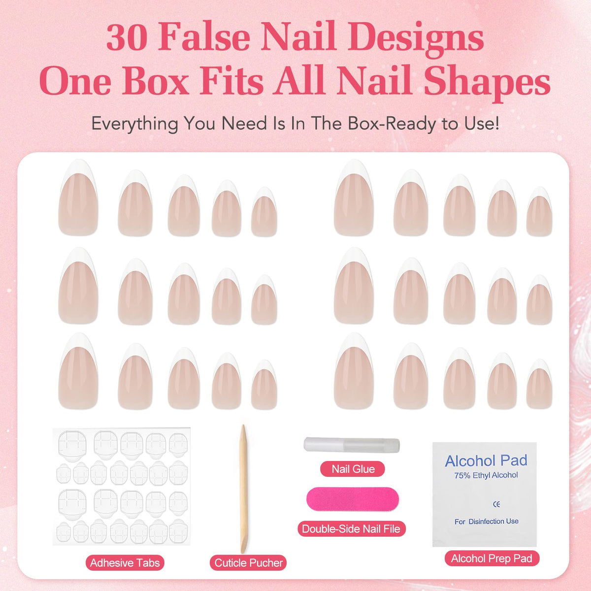 Skiennix Uñas postizas francesas - Forma almendrada mediana puntiaguda, 15 tamaños, 30 piezas de uñas adhesivas de gel suave reutilizables, kit clásico de uñas postizas para mujer.