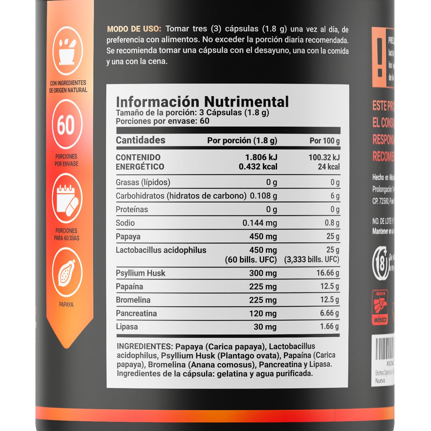Enzimas Digestivas Enzym Blend B Life Papaya y Psyllium Husk 180 Cápsulas 1800 mg Ingredientes Naturales