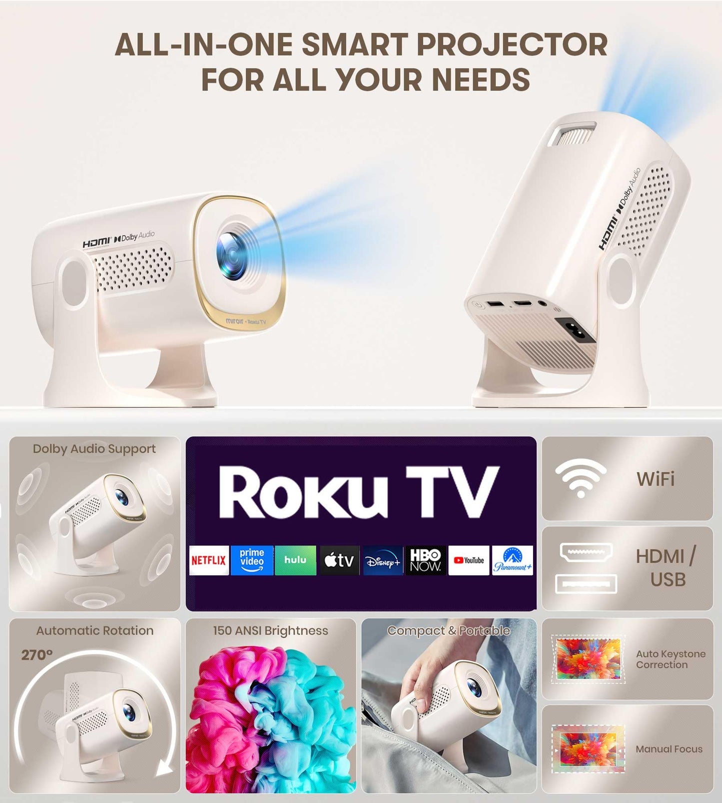 Miroir Mini proyector, proyector HD para el hogar con altavoz incorporado, enfoque automático, corrección Keystone, portátil para películas al aire última intervensión, compatible con smartphone, TV