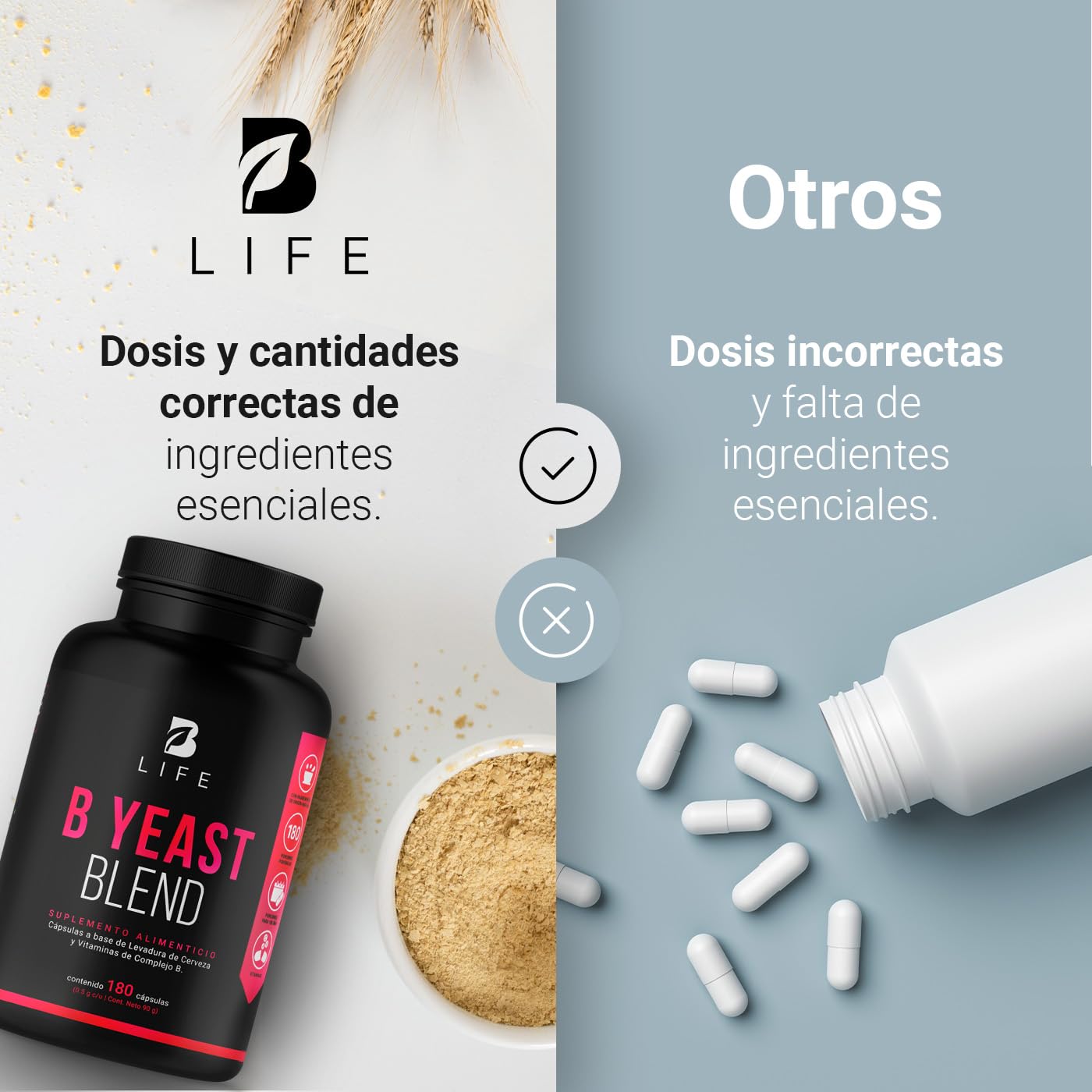 B Life Company Complejo B. Levadura de Cerveza y Vitaminas B1, B2, B3, B5, B6, B12. Ingredientes Naturales con 180 cápsulas de 500 mg. B Yeast Blend