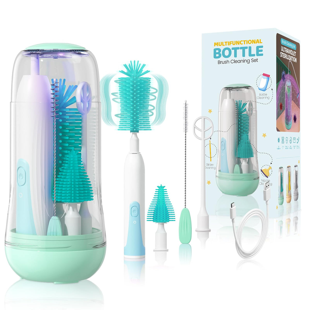 IvyWind Juego De Limpieza Automático De Biberones De Viaje Con Esterilizador UV Y Caja De Almacenamiento, Cepillo Eléctrico Para Biberones/Pezones/Pajitas En Silicona