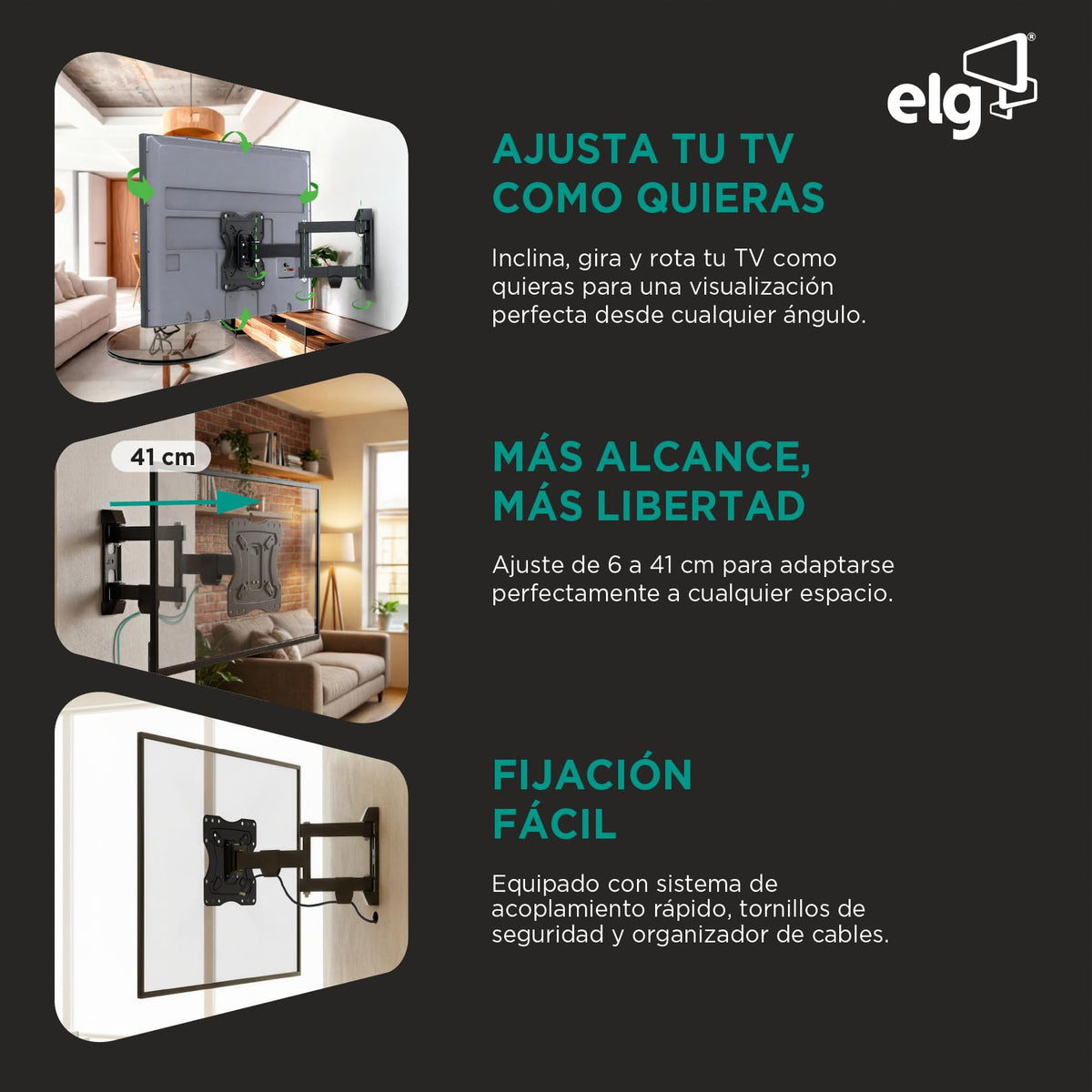 Soporte de Pared ELG Negro Brazo Largo para TV de 15 a 58 Pulgadas