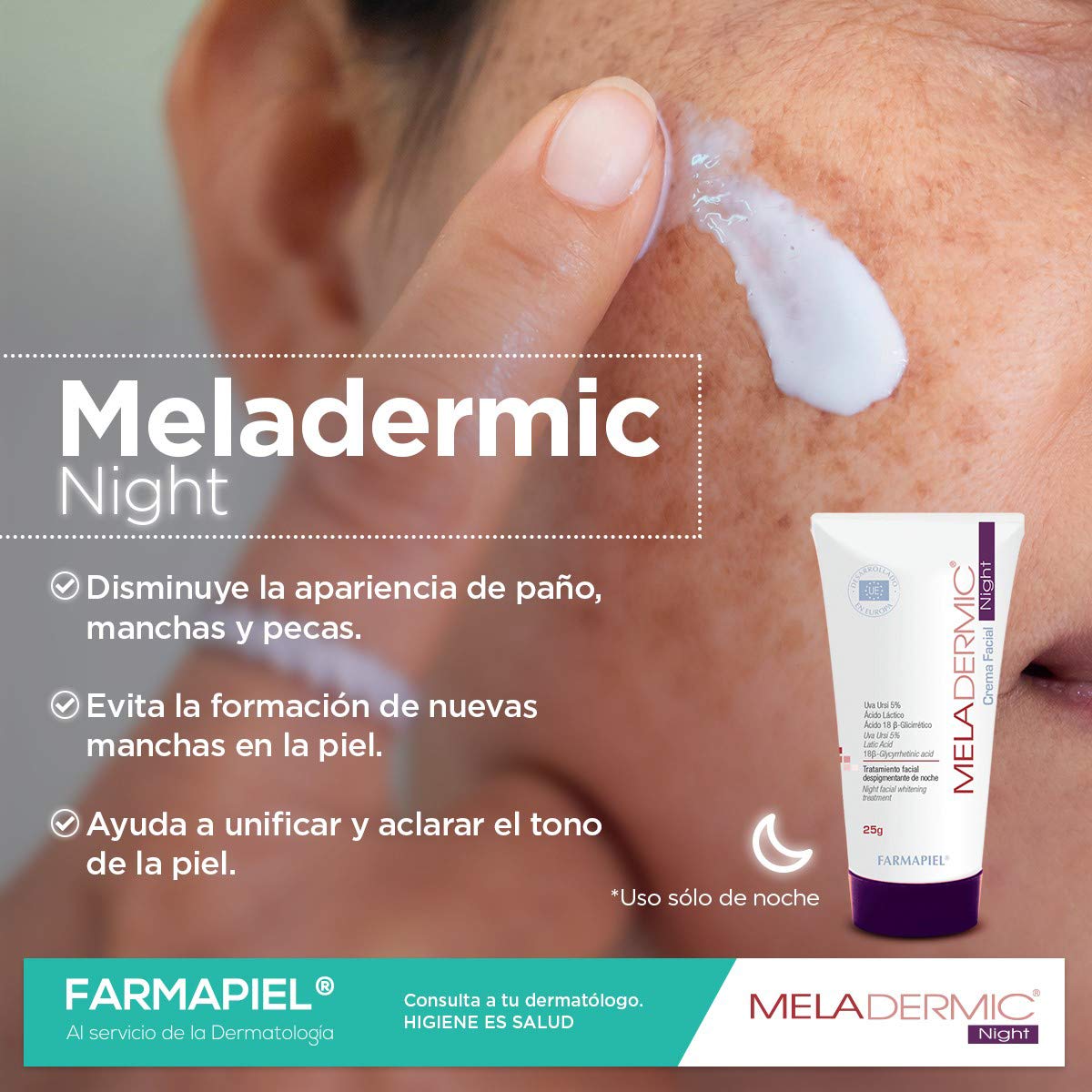 MELADERMIC Night Crema Facial Despigmentante de Noche | Unifica el Tono de Piel | Disminuye la Apariencia de Manchas | Hidratación Profunda | Antimanchas con Ácido Láctico | 25 gr