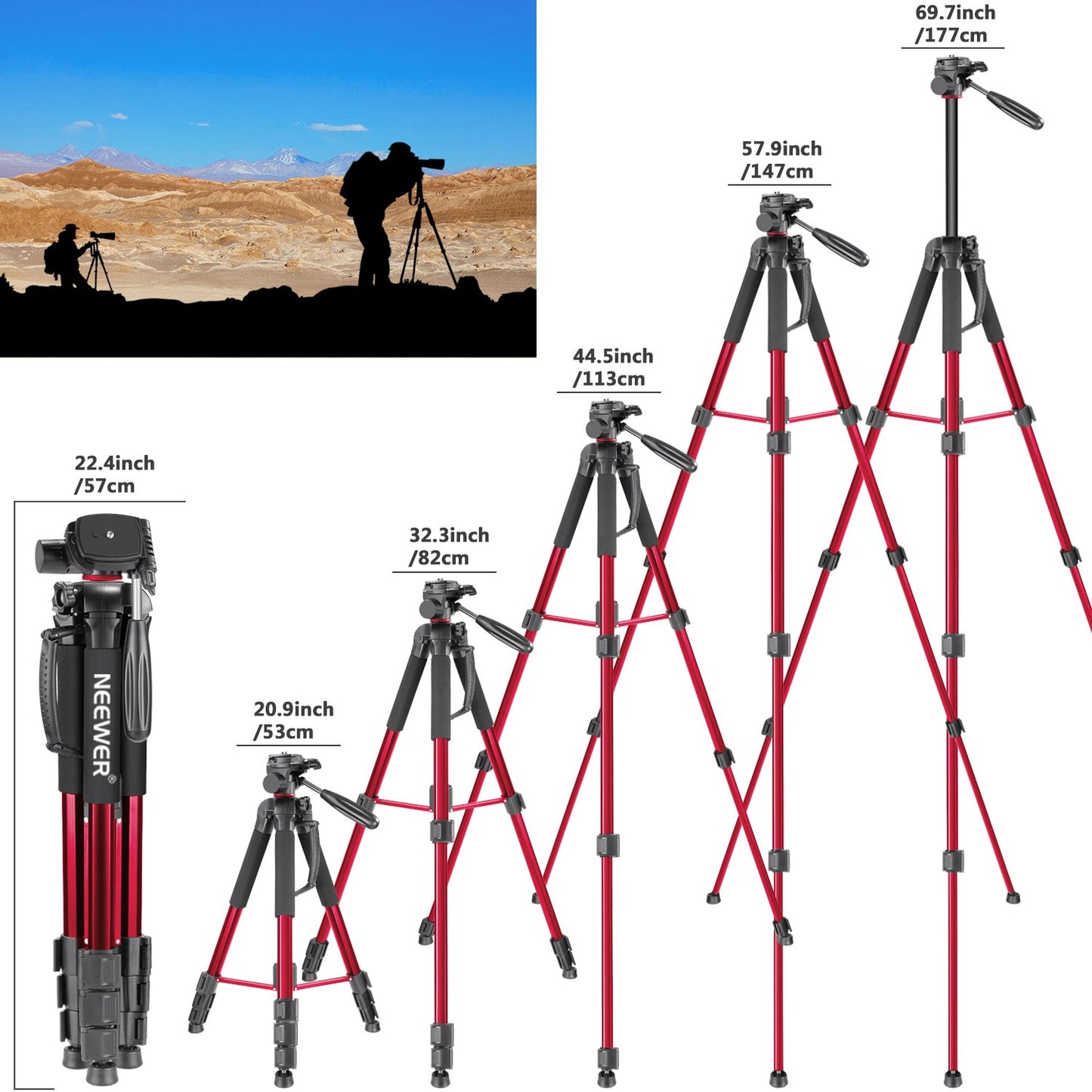 Trípode Monopié NEEWER Rojo de Aluminio con Cabezal Giratorio para Cámara DSLR y Videocámara