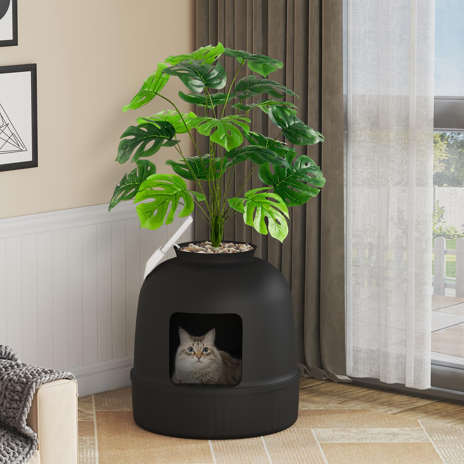 Lifewit Caja de Arena para Gatos con Plantas Ocultas, Plantas Artificiales y Caja de Arena Cerrada para Gatos, ventilación y Filtro de olores, fácil de Limpiar, Negro
