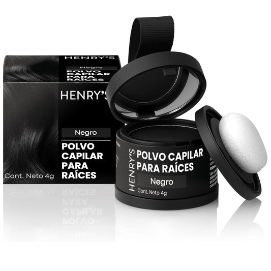 Henrys Polvo para Retocar Raíces Negro, Rellena Zonas Escasas, Define la Línea del Cabello y Cubre el Crecimiento de Raíces al Instante y en Cualquier Momento, Fibras Capilares Hairline Powder. Calvicie, Caida de Cabello o falta de Volumen para Mujer y Ho