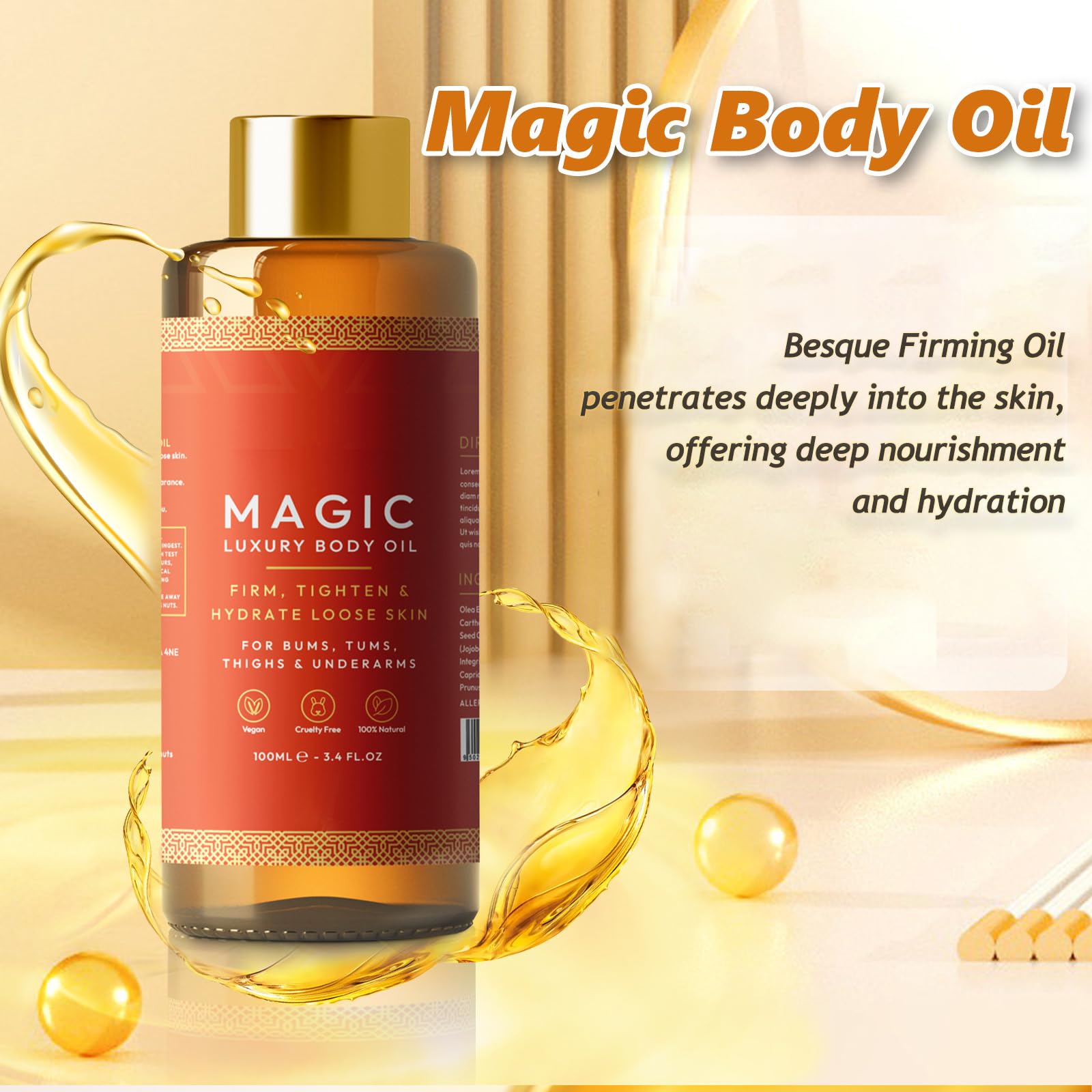 Besque Magic Body Oil - 100ml, Besque Firming Oil, Besque Magic Luxury Body Oil Moisturizer, Multi-Purpose Body Oil for Arms, Chest, Thighs and Tums (2)