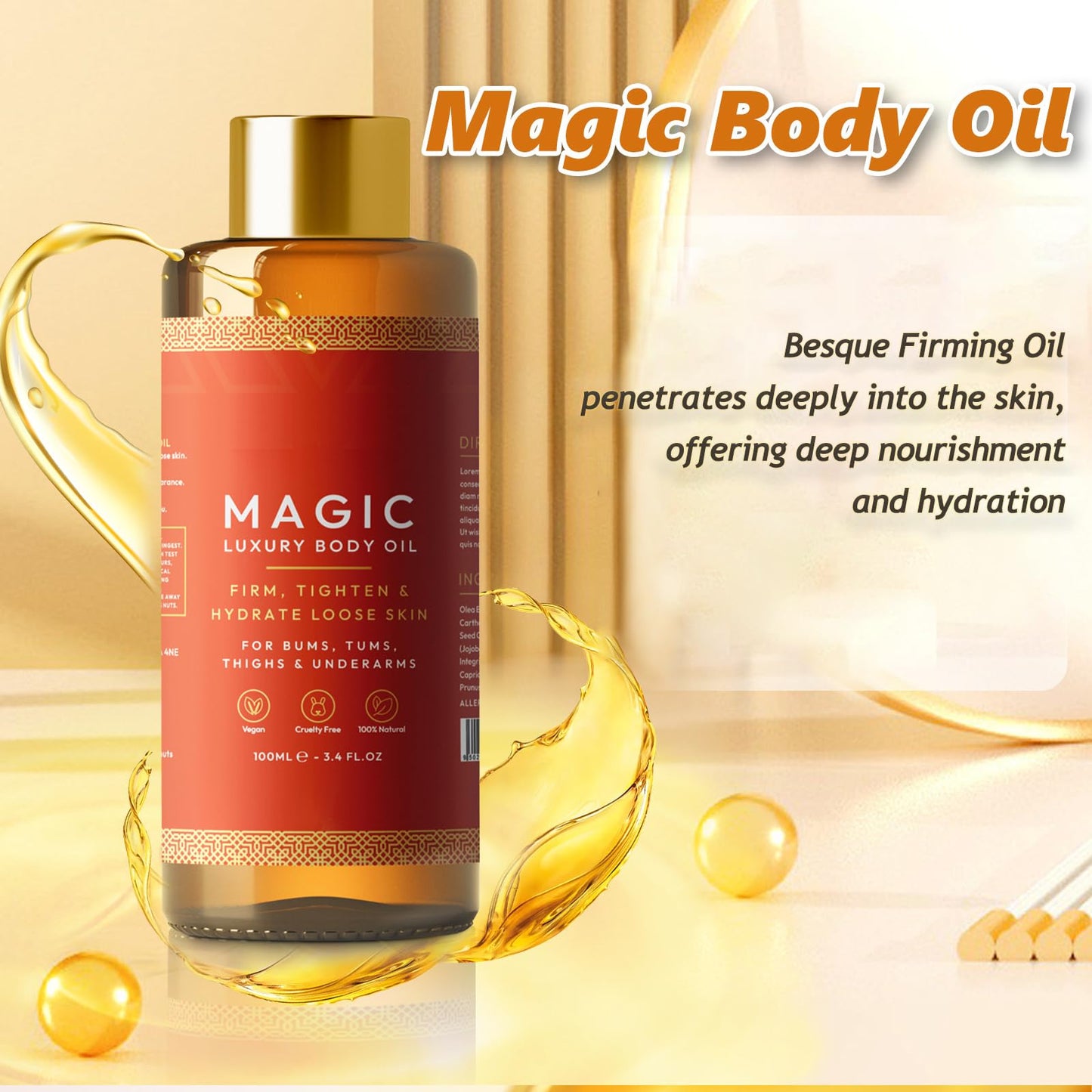 Aceite Corporal Besque Mágico Lujo Hidratante Multiusos 100ml para Brazos Pecho Muslos y Abdomen