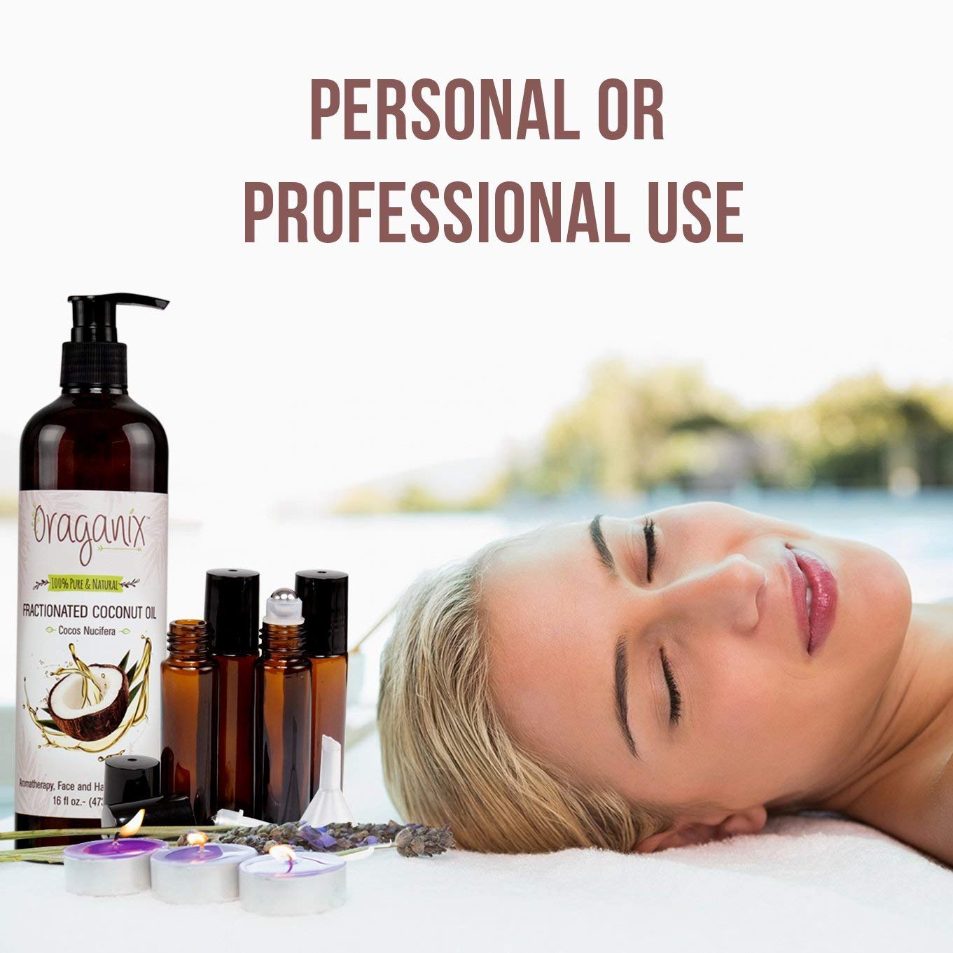 Oraganix Fractionated Coconut Oil with Roller Bottles - 100% Pure Natural 16 Oz Coconut Oil, 2ml Essential Oil Roller Bottles, Caps, Funnel and Bottle Opener - for Massage Oil, Skin and Hair Care