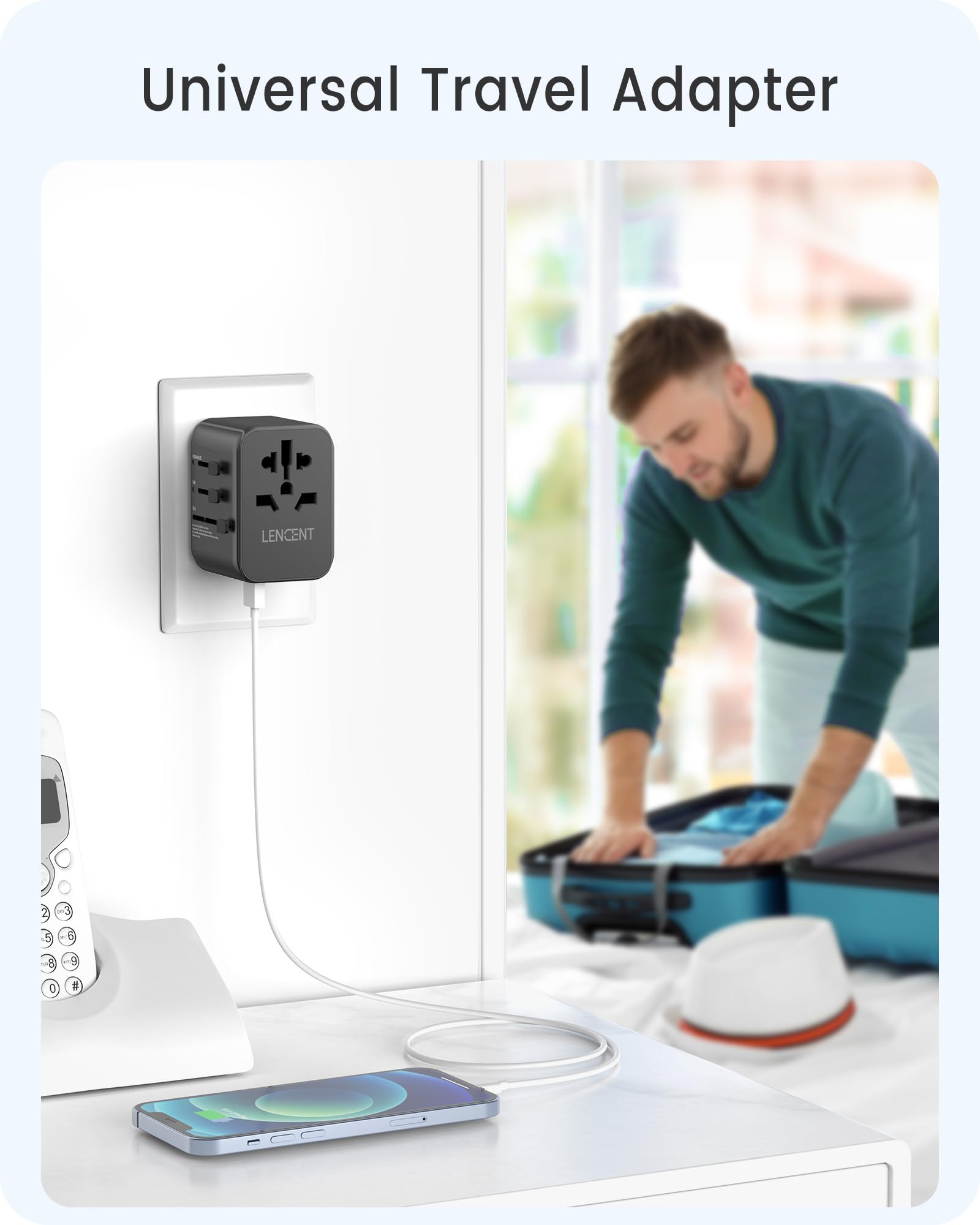 LENCENT Adaptador Universal de Viaje, Cargador Universal con 2 Puertos USB y 3 USB-C Carga Rápida PD 30W, Adaptador Internacional Enchufe Tipo A/C/G/I para USA, Reino Unido, Europa, Australia, Negro