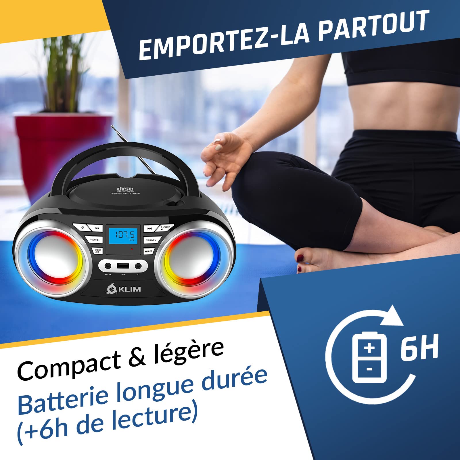 KLIM Boombox B3 - Reproductor de CD portátil con Radio FM y batería Recargable | Luces RGB | Bluetooth, MP3, AUX, Radio FM, CD, USB | Radio CD portátil con ecualización Digital | Nuevo