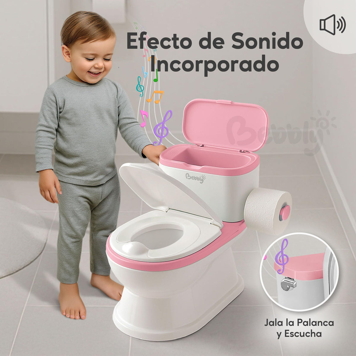 BEBBLY Bañito Entrenador Infantil con Sonido Musical Portarrollo y Almacenamiento Asiento Antiderrapante para Niños y Niñas de 6 Meses a 3 Años Fácil de Limpiar Ideal para Aprender a Ir al Baño (Rosa)