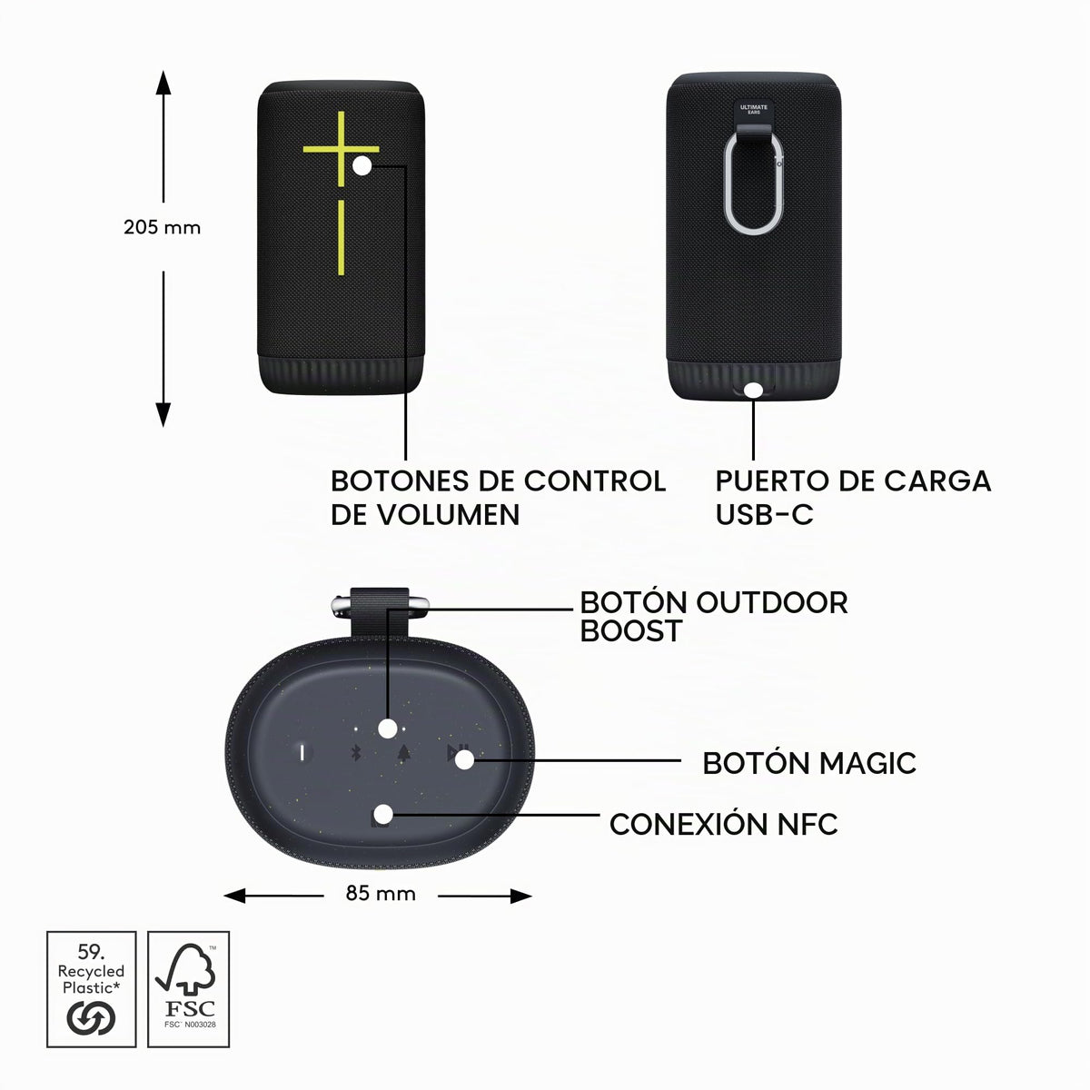 Altavoz Portátil Bluetooth Ultimate Ears Negro Carbón con Sonido 360 Grados y Batería 20 Horas