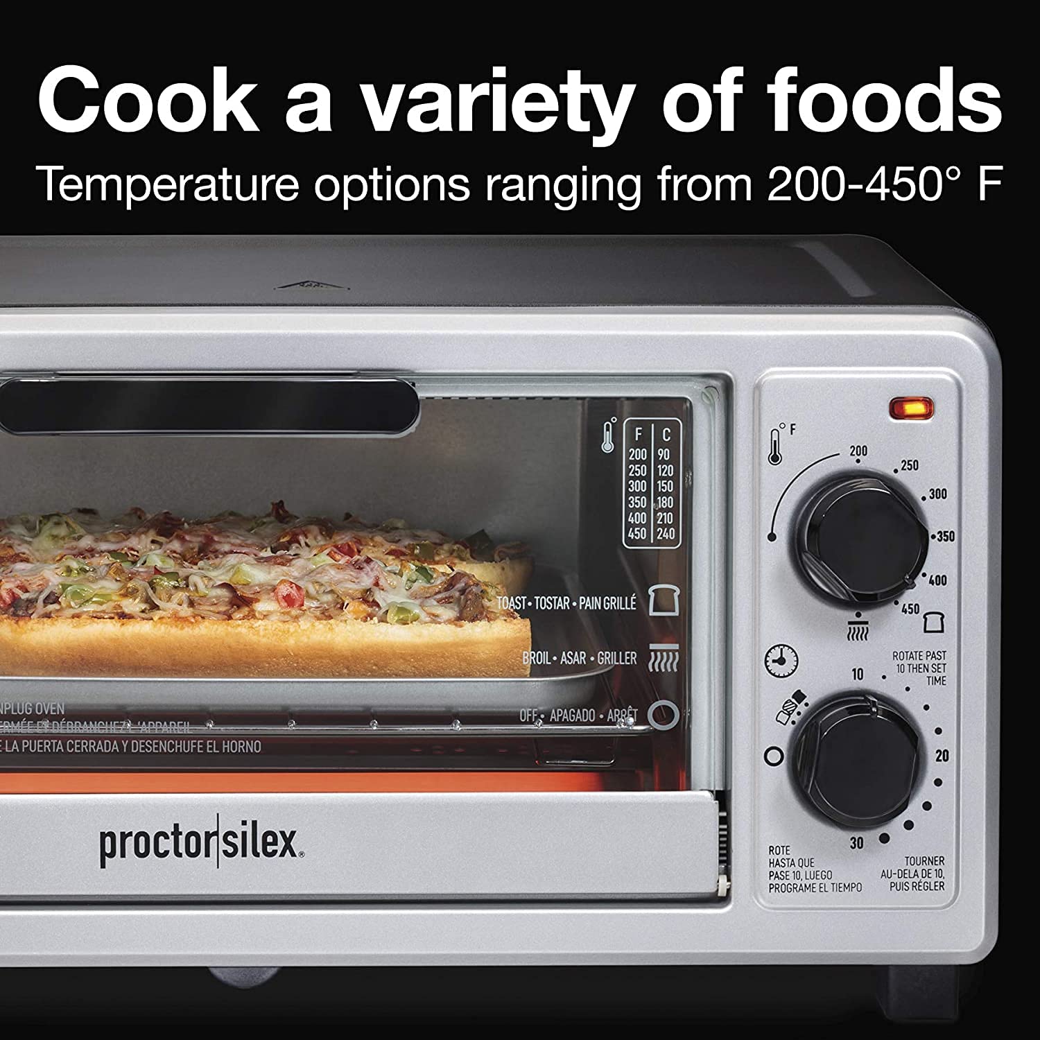 Horno tostador Baz, multifunción con 4 rebanadas, tostadas y pollo, 1100 vatios, temporizador de 30 min y apagado automático, incluye bandeja para hornear, negro y plateado, modelo 31260