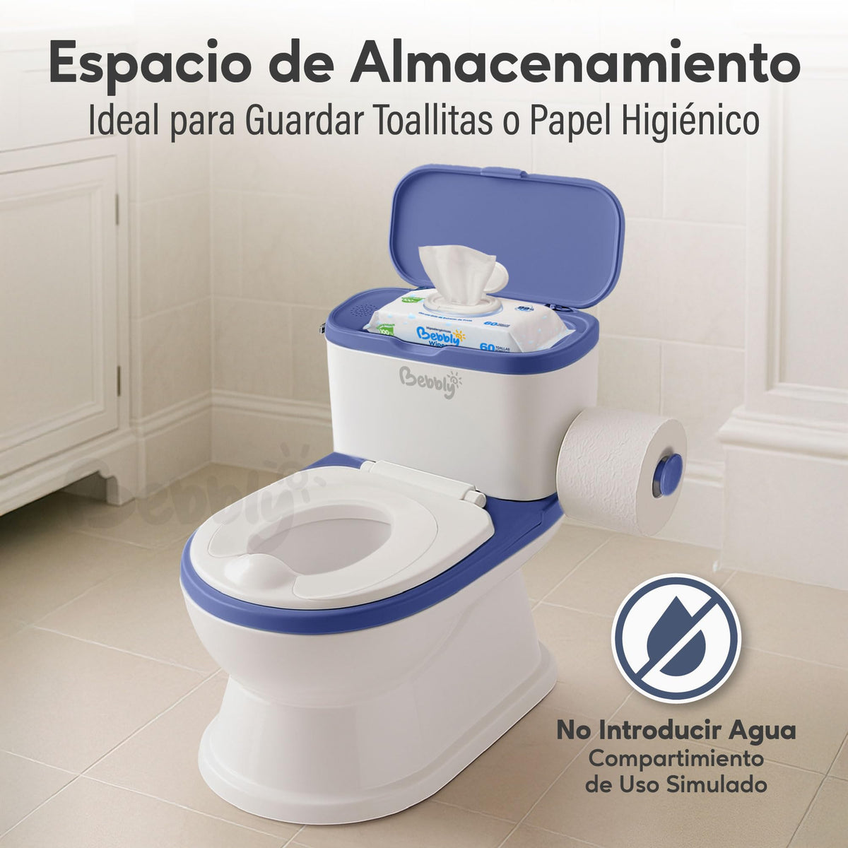 BEBBLY Bañito Entrenador Infantil con Sonido Musical Portarrollo y Almacenamiento Asiento Antiderrapante para Niños y Niñas de 6 Meses a 3 Años Fácil de Limpiar Ideal para Aprender a Ir al Baño (Azul)