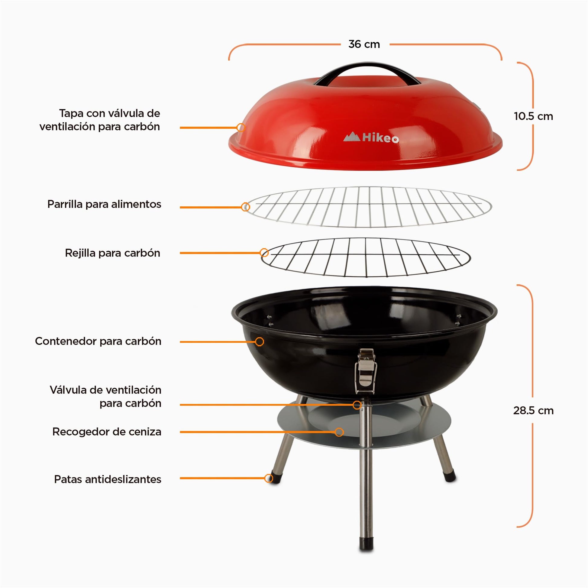 HIKEO Asador de Carbón Portátil 36 cm de Diámetro con Tapa, Parrilla para Carne Asada para Jardín, Camping, Picnic, Patio, Parrillada o Playa, Mini Grill de Acero para Exteriores, Fácil de Limpiar