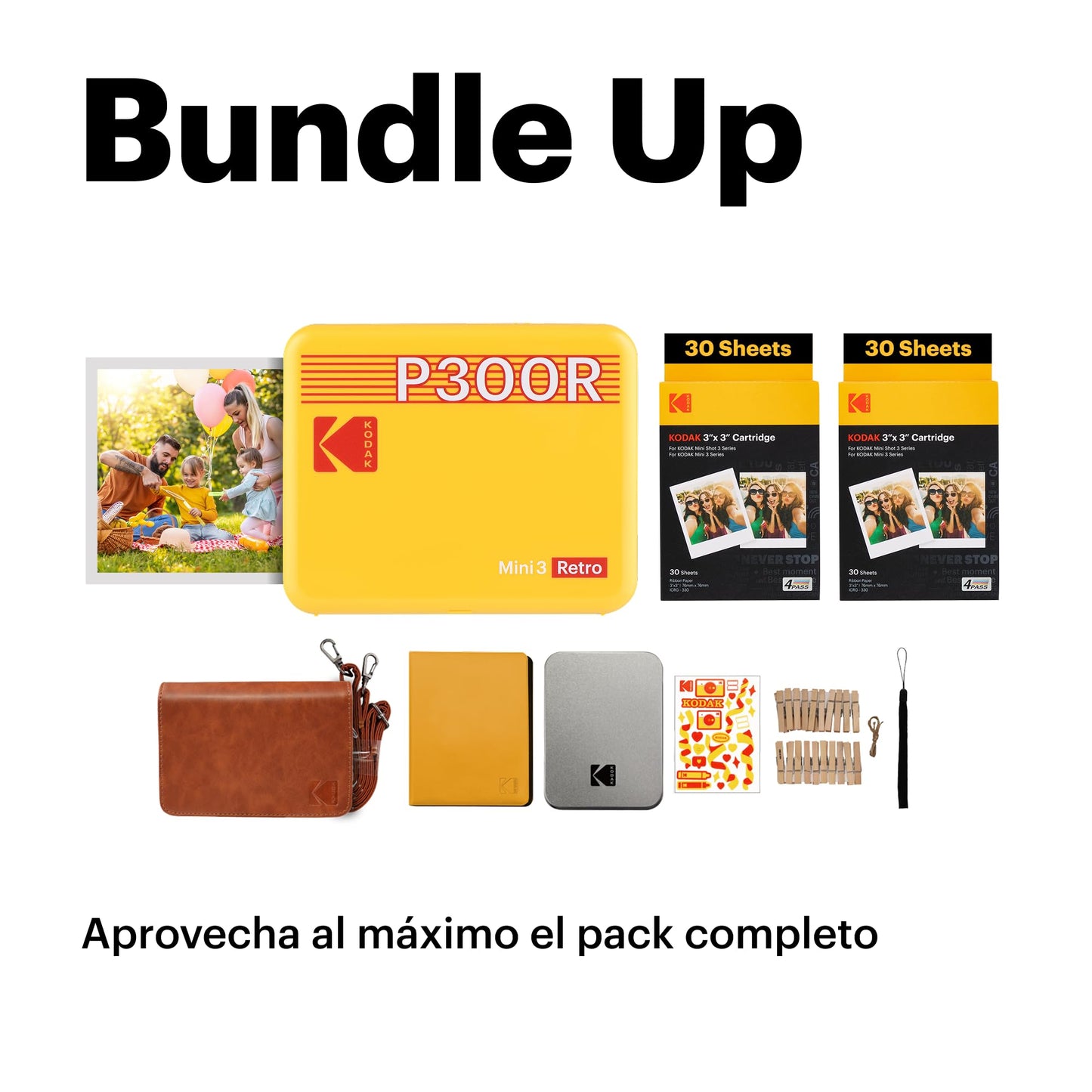 KODAK Mini 3 Retro 4PASS Impresora de Fotos Portátil (7,6x7,6cm) + Pack de Regalo con 68 Hojas, Negro